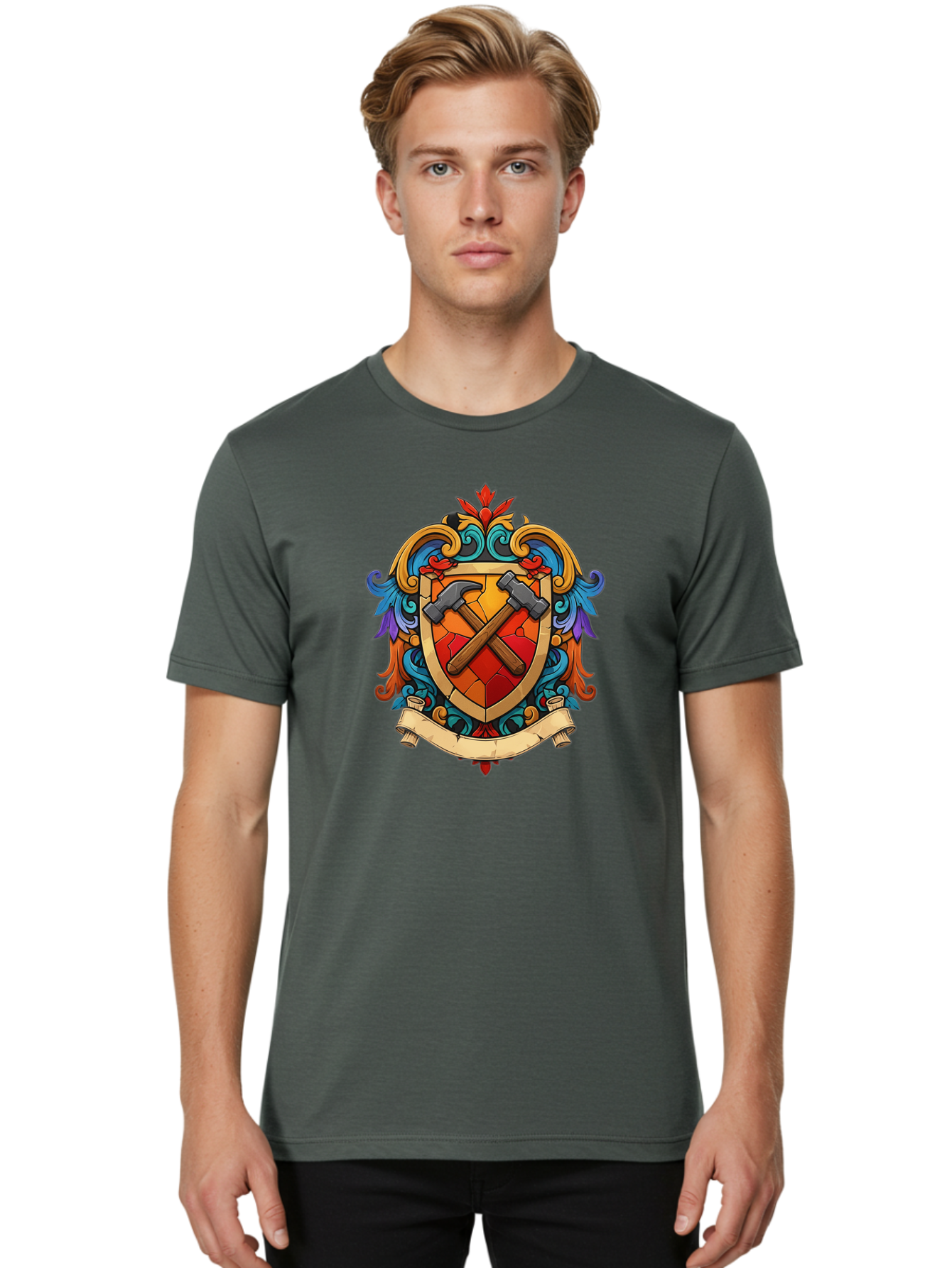 Hammer-Shield-Crest Men'S Graphic Tee, 100% Cotton, Comfortable Casual Summer Wear, Machine Washable, Crossed Hammers, Shield Crest, Ornate Design, Vintage Style, Carpentry Tools, Craftsmanship, Decorative Emblem, Symbolic Logo, Bad181