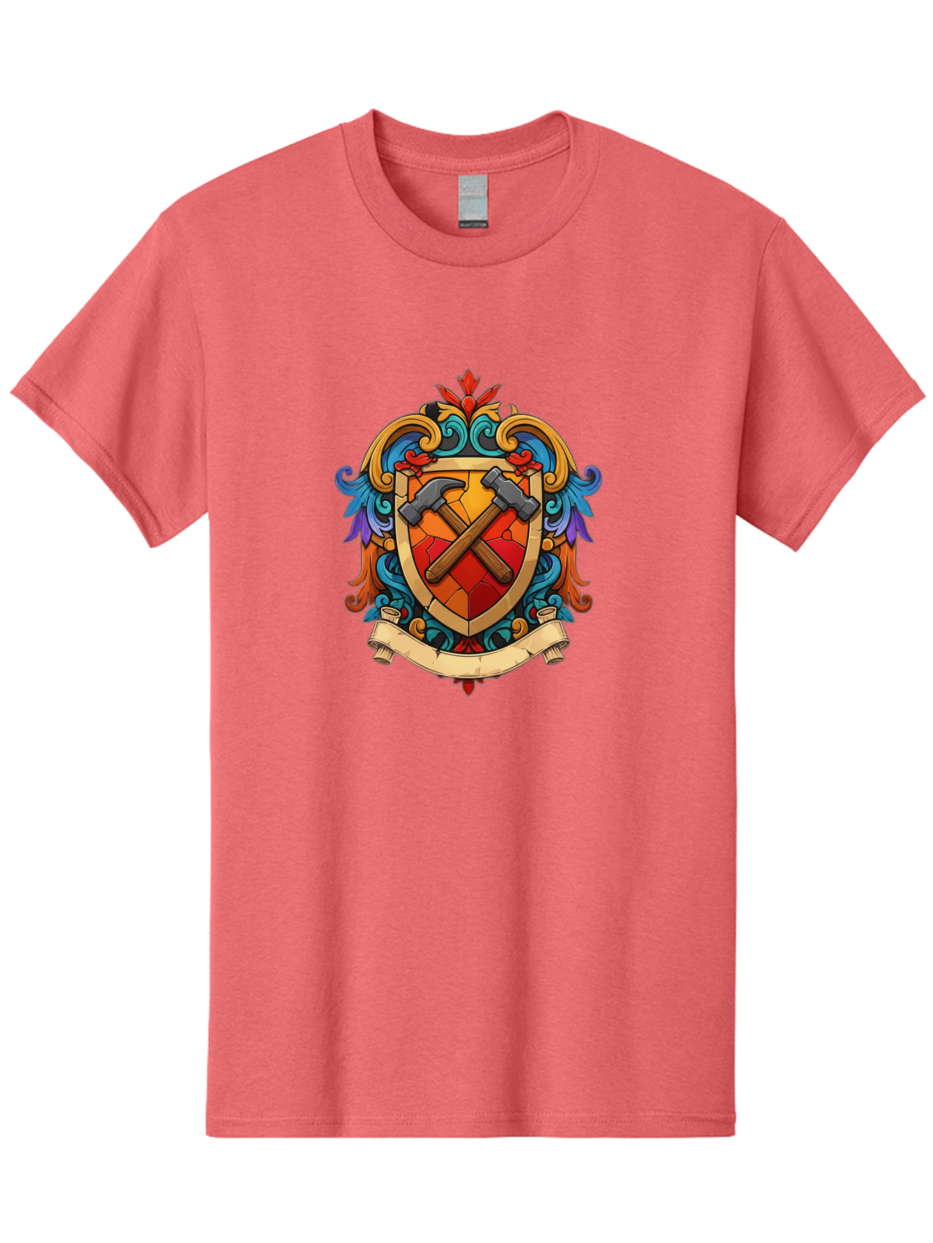 Hammer-Shield-Crest Men'S Graphic Tee, 100% Cotton, Comfortable Casual Summer Wear, Machine Washable, Crossed Hammers, Shield Crest, Ornate Design, Vintage Style, Carpentry Tools, Craftsmanship, Decorative Emblem, Symbolic Logo, Bad181