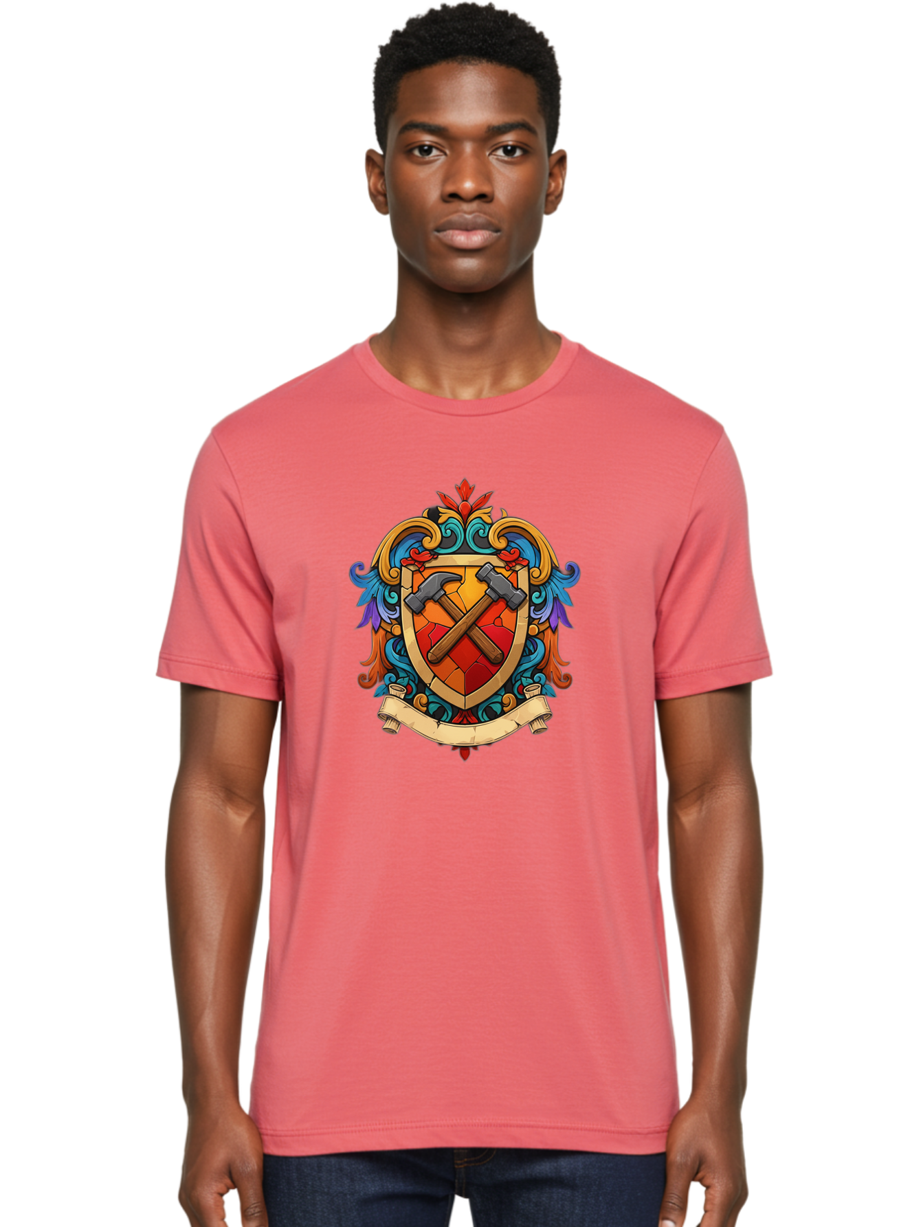Hammer-Shield-Crest Men'S Graphic Tee, 100% Cotton, Comfortable Casual Summer Wear, Machine Washable, Crossed Hammers, Shield Crest, Ornate Design, Vintage Style, Carpentry Tools, Craftsmanship, Decorative Emblem, Symbolic Logo, Bad181