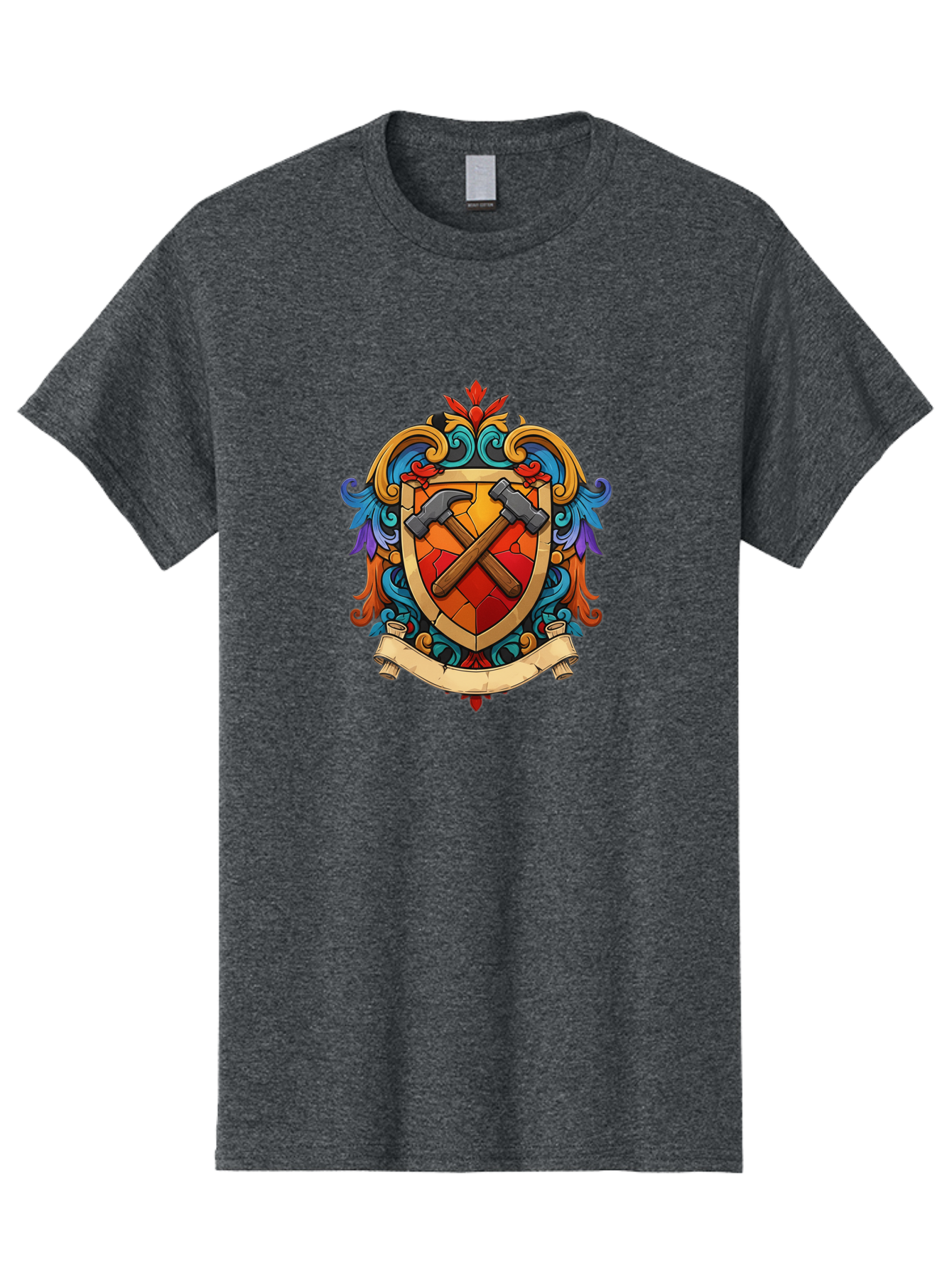 Hammer-Shield-Crest Men'S Graphic Tee, 100% Cotton, Comfortable Casual Summer Wear, Machine Washable, Crossed Hammers, Shield Crest, Ornate Design, Vintage Style, Carpentry Tools, Craftsmanship, Decorative Emblem, Symbolic Logo, Bad181