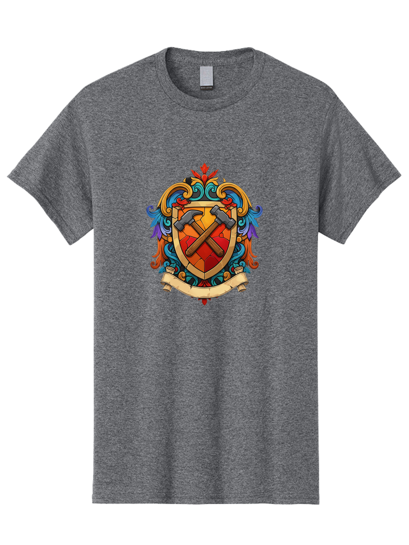 Hammer-Shield-Crest Men'S Graphic Tee, 100% Cotton, Comfortable Casual Summer Wear, Machine Washable, Crossed Hammers, Shield Crest, Ornate Design, Vintage Style, Carpentry Tools, Craftsmanship, Decorative Emblem, Symbolic Logo, Bad181