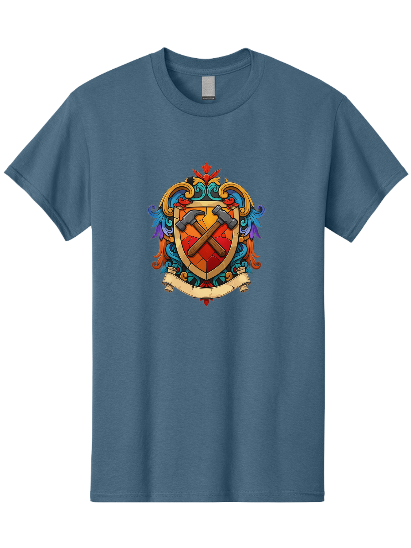 Hammer-Shield-Crest Men'S Graphic Tee, 100% Cotton, Comfortable Casual Summer Wear, Machine Washable, Crossed Hammers, Shield Crest, Ornate Design, Vintage Style, Carpentry Tools, Craftsmanship, Decorative Emblem, Symbolic Logo, Bad181