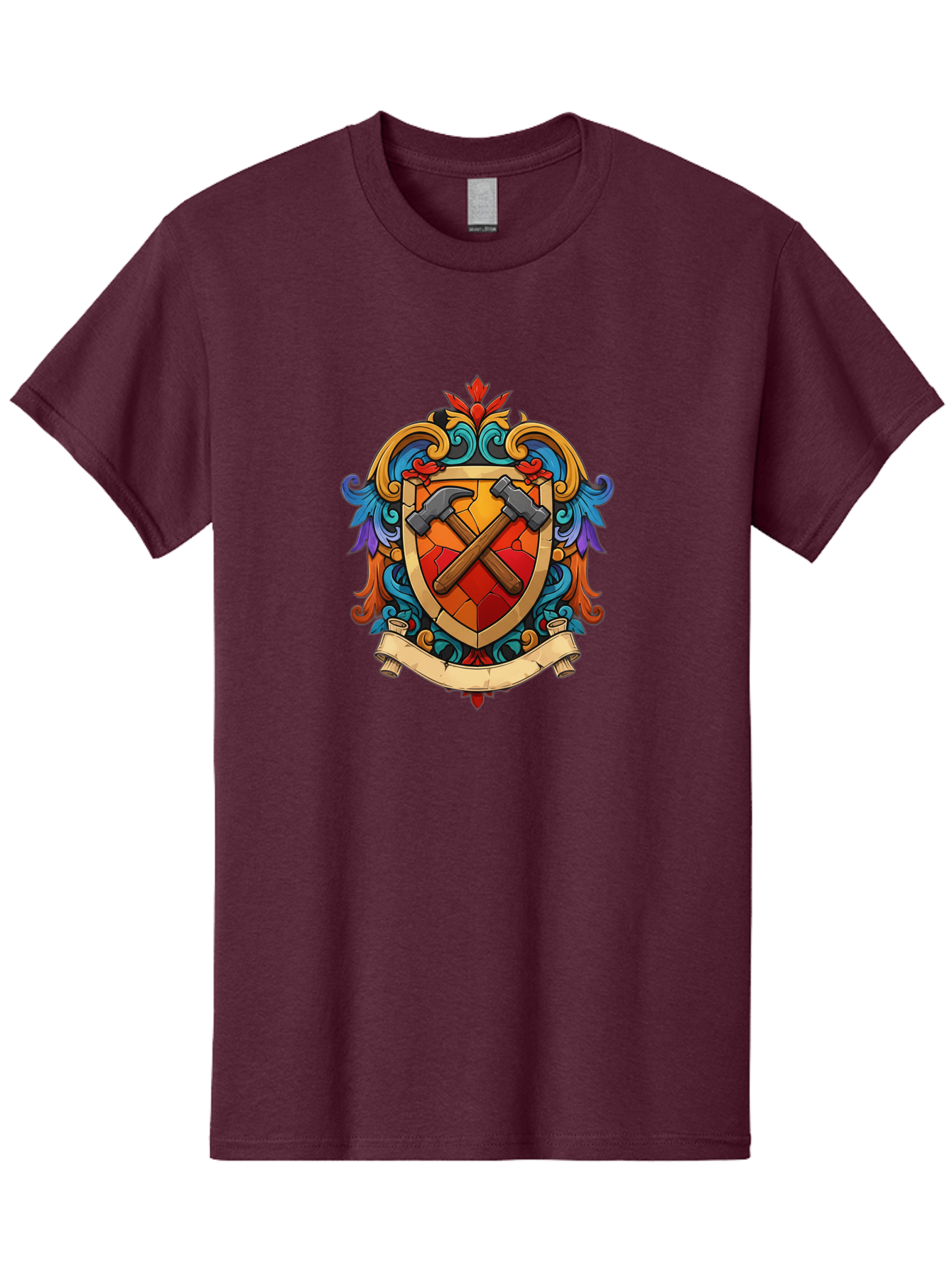 Hammer-Shield-Crest Men'S Graphic Tee, 100% Cotton, Comfortable Casual Summer Wear, Machine Washable, Crossed Hammers, Shield Crest, Ornate Design, Vintage Style, Carpentry Tools, Craftsmanship, Decorative Emblem, Symbolic Logo, Bad181