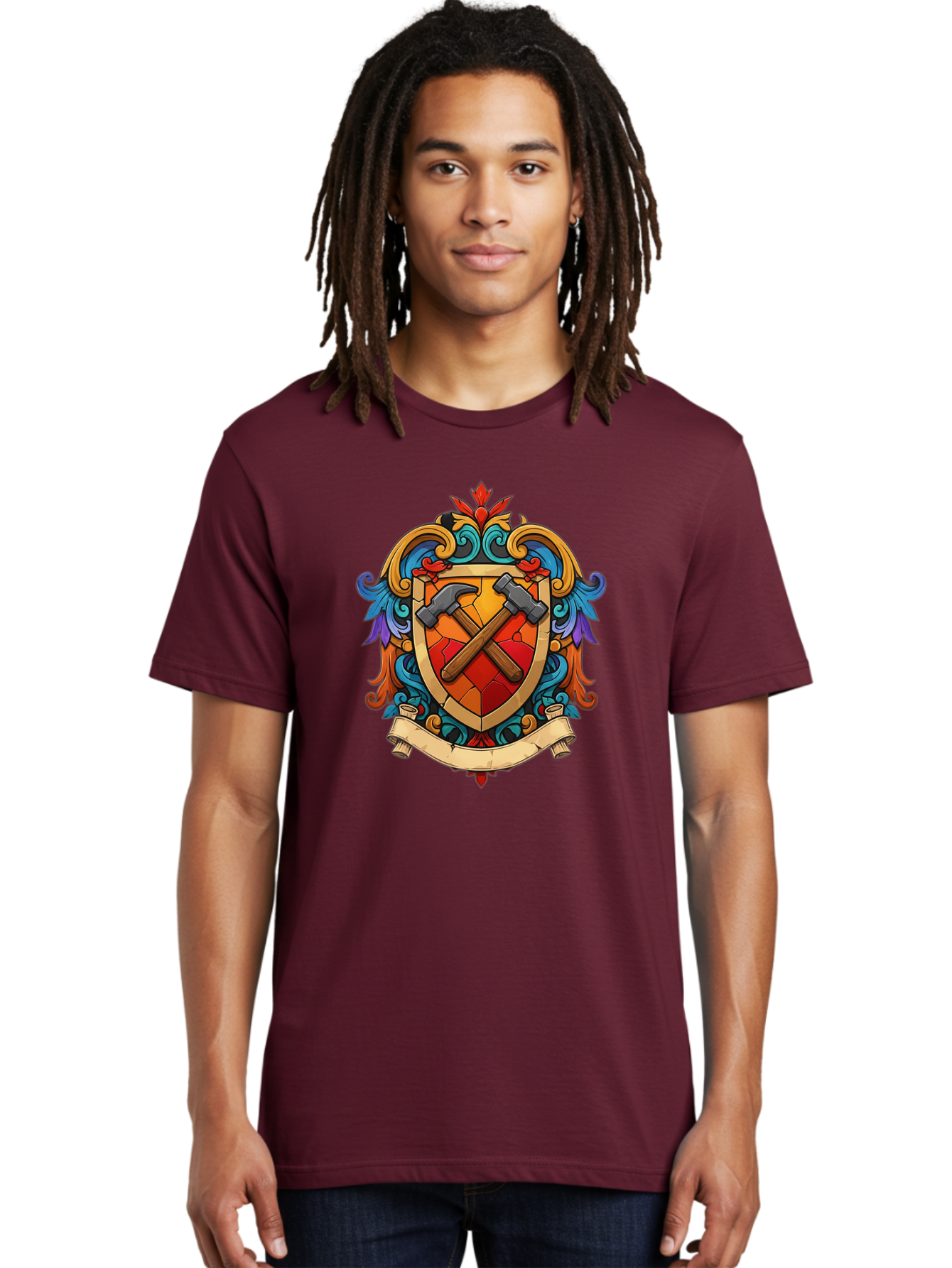 Hammer-Shield-Crest Men'S Graphic Tee, 100% Cotton, Comfortable Casual Summer Wear, Machine Washable, Crossed Hammers, Shield Crest, Ornate Design, Vintage Style, Carpentry Tools, Craftsmanship, Decorative Emblem, Symbolic Logo, Bad181