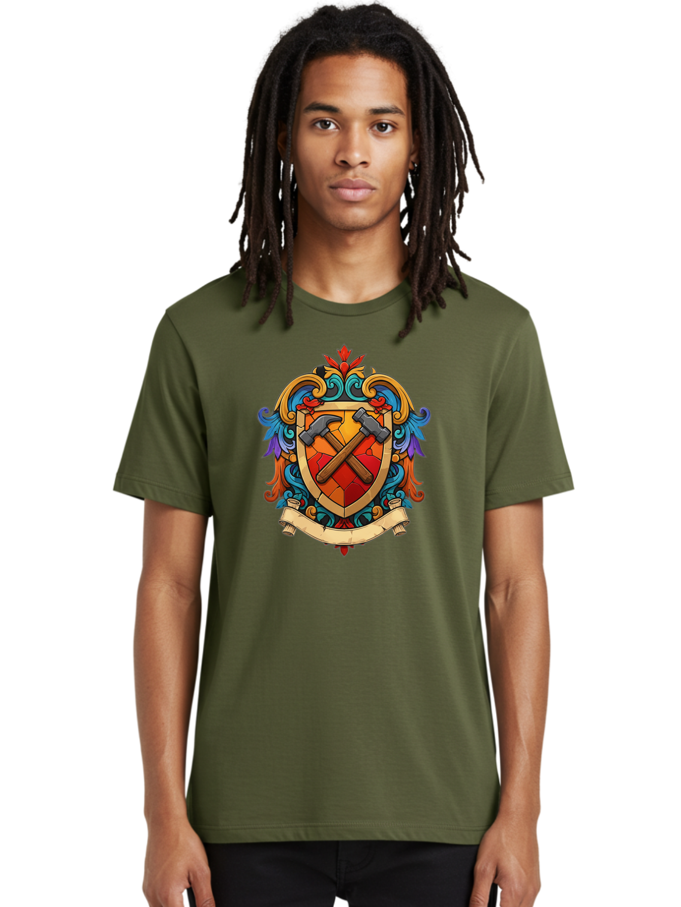 Hammer-Shield-Crest Men'S Graphic Tee, 100% Cotton, Comfortable Casual Summer Wear, Machine Washable, Crossed Hammers, Shield Crest, Ornate Design, Vintage Style, Carpentry Tools, Craftsmanship, Decorative Emblem, Symbolic Logo, Bad181