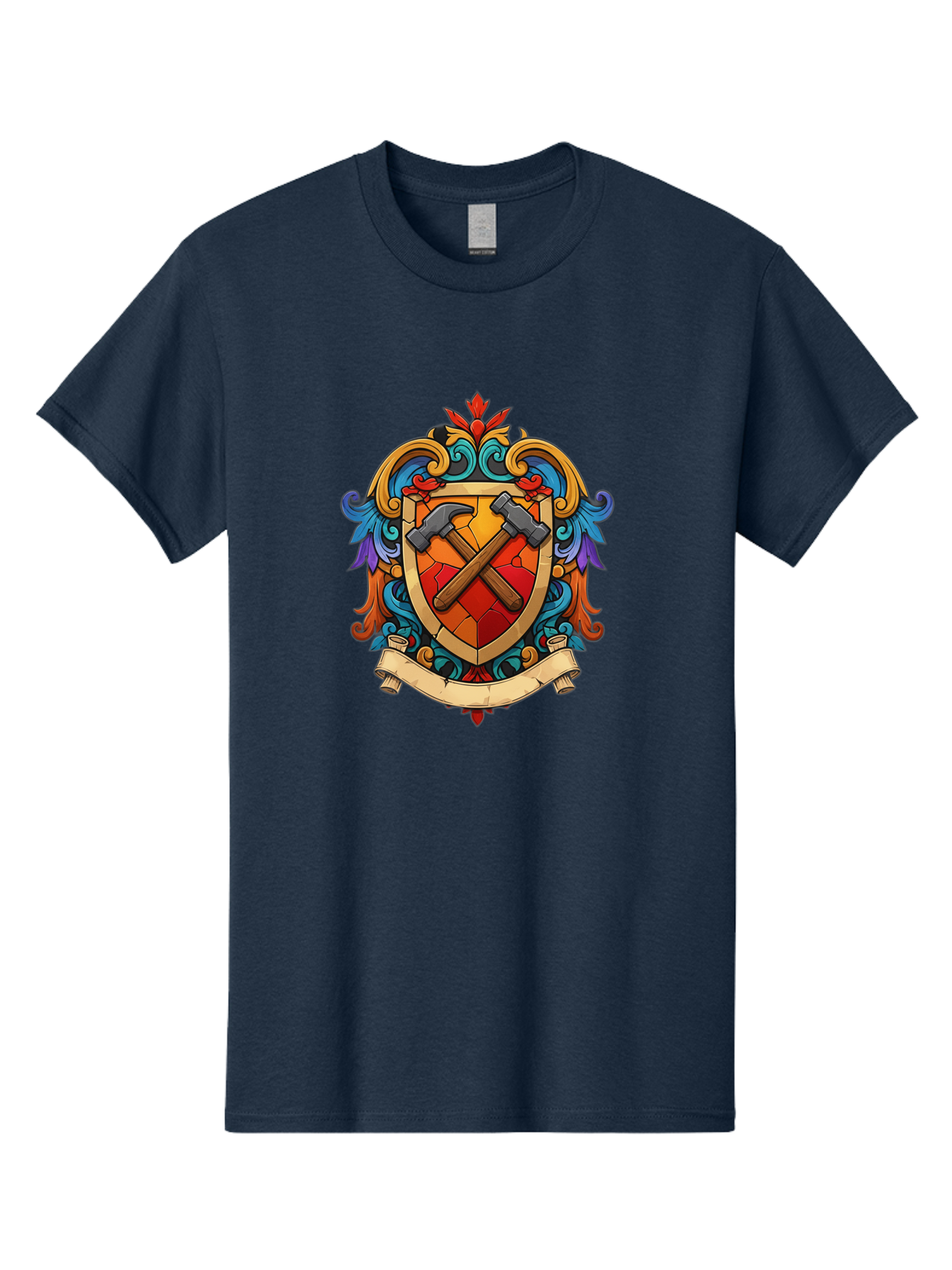 Hammer-Shield-Crest Men'S Graphic Tee, 100% Cotton, Comfortable Casual Summer Wear, Machine Washable, Crossed Hammers, Shield Crest, Ornate Design, Vintage Style, Carpentry Tools, Craftsmanship, Decorative Emblem, Symbolic Logo, Bad181
