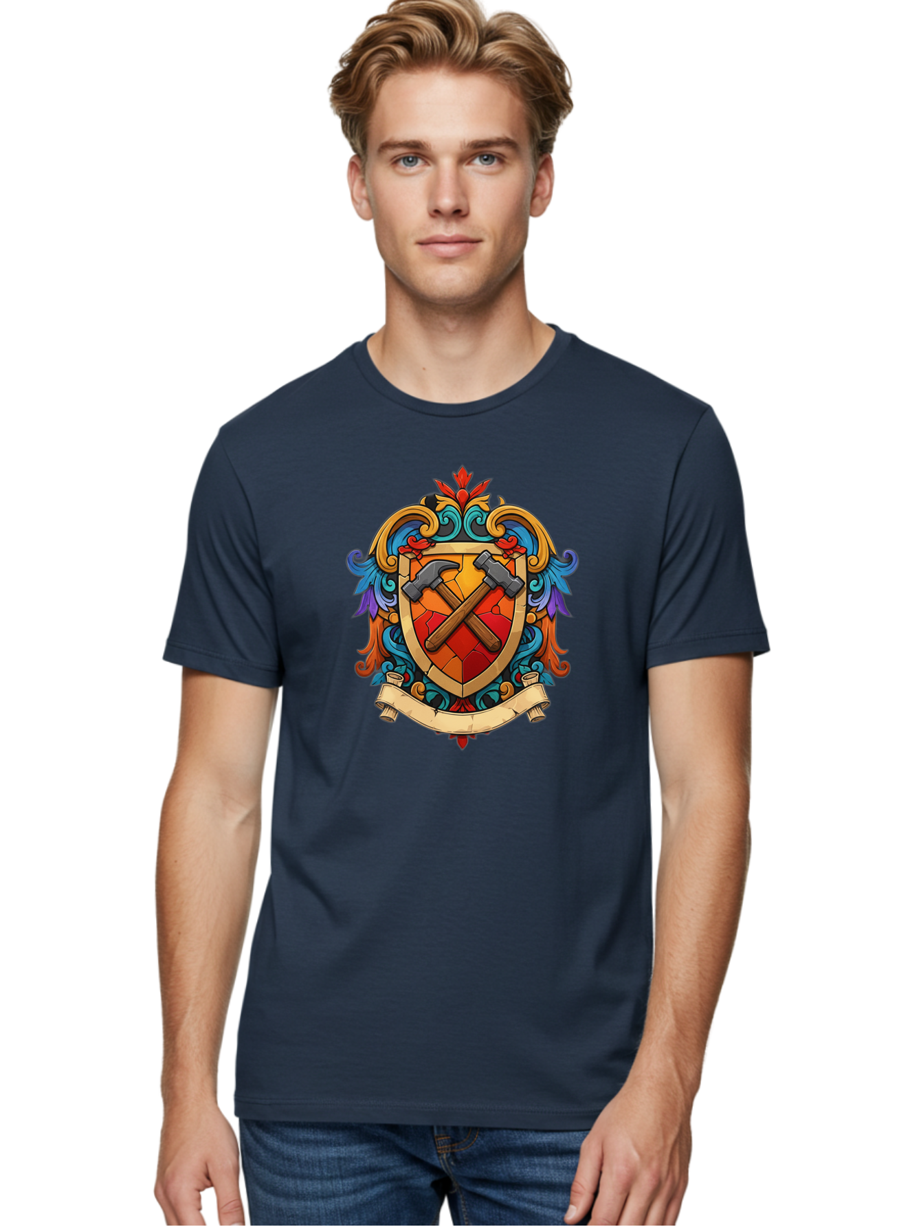 Hammer-Shield-Crest Men'S Graphic Tee, 100% Cotton, Comfortable Casual Summer Wear, Machine Washable, Crossed Hammers, Shield Crest, Ornate Design, Vintage Style, Carpentry Tools, Craftsmanship, Decorative Emblem, Symbolic Logo, Bad181
