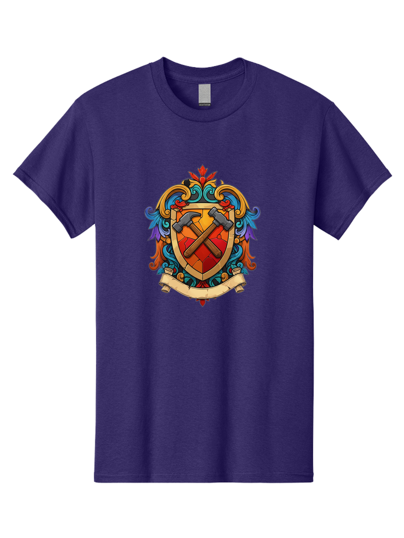 Hammer-Shield-Crest Men'S Graphic Tee, 100% Cotton, Comfortable Casual Summer Wear, Machine Washable, Crossed Hammers, Shield Crest, Ornate Design, Vintage Style, Carpentry Tools, Craftsmanship, Decorative Emblem, Symbolic Logo, Bad181