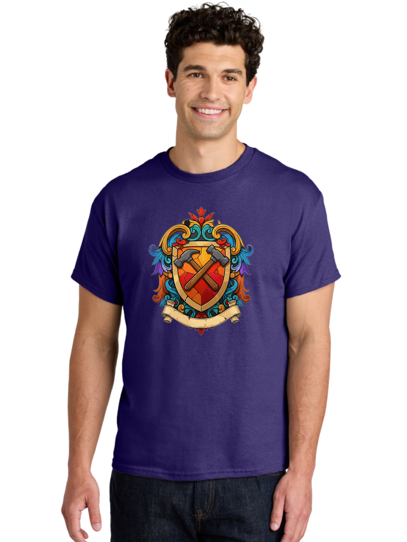 Hammer-Shield-Crest Men'S Graphic Tee, 100% Cotton, Comfortable Casual Summer Wear, Machine Washable, Crossed Hammers, Shield Crest, Ornate Design, Vintage Style, Carpentry Tools, Craftsmanship, Decorative Emblem, Symbolic Logo, Bad181