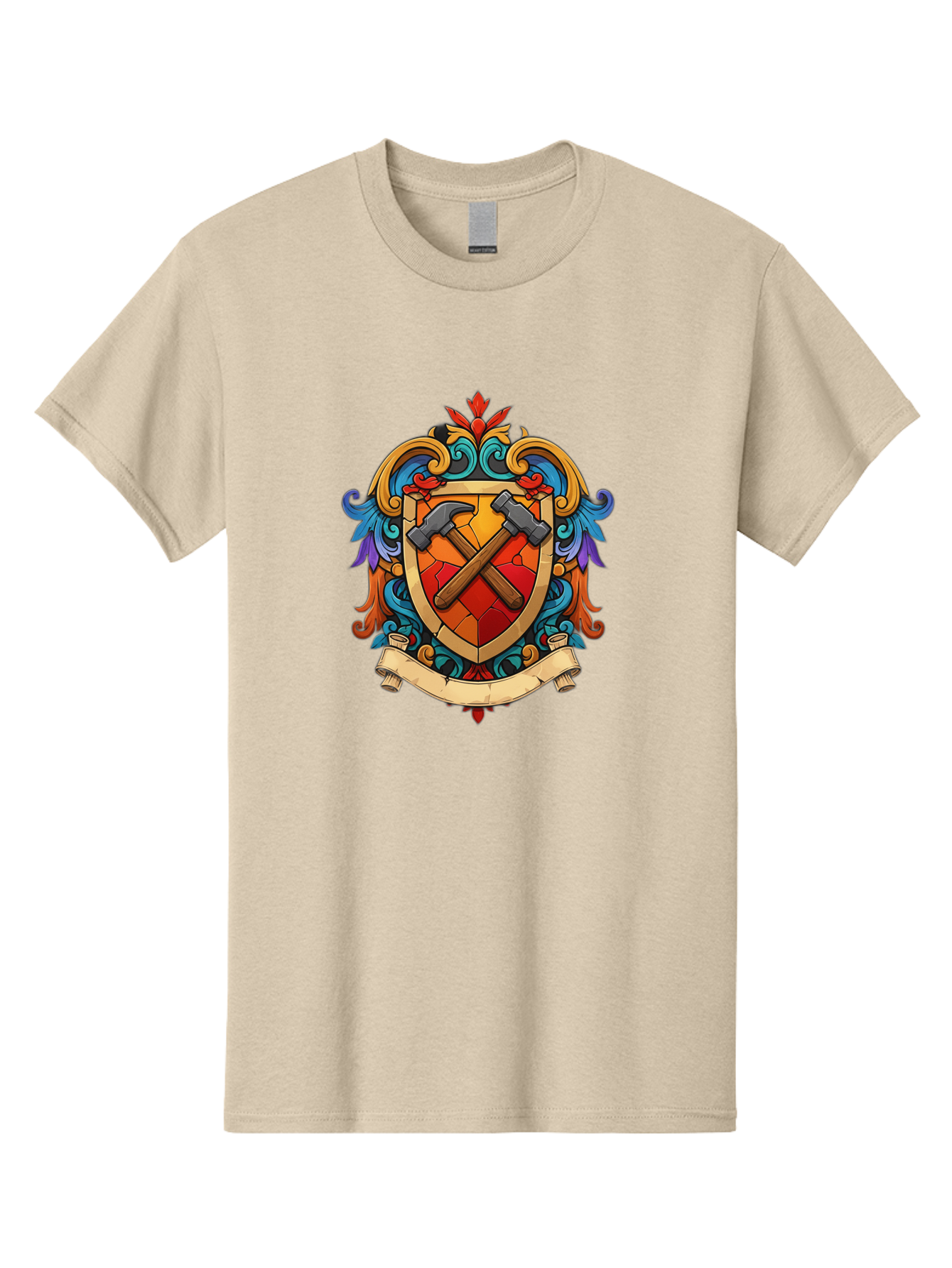 Hammer-Shield-Crest Men'S Graphic Tee, 100% Cotton, Comfortable Casual Summer Wear, Machine Washable, Crossed Hammers, Shield Crest, Ornate Design, Vintage Style, Carpentry Tools, Craftsmanship, Decorative Emblem, Symbolic Logo, Bad181