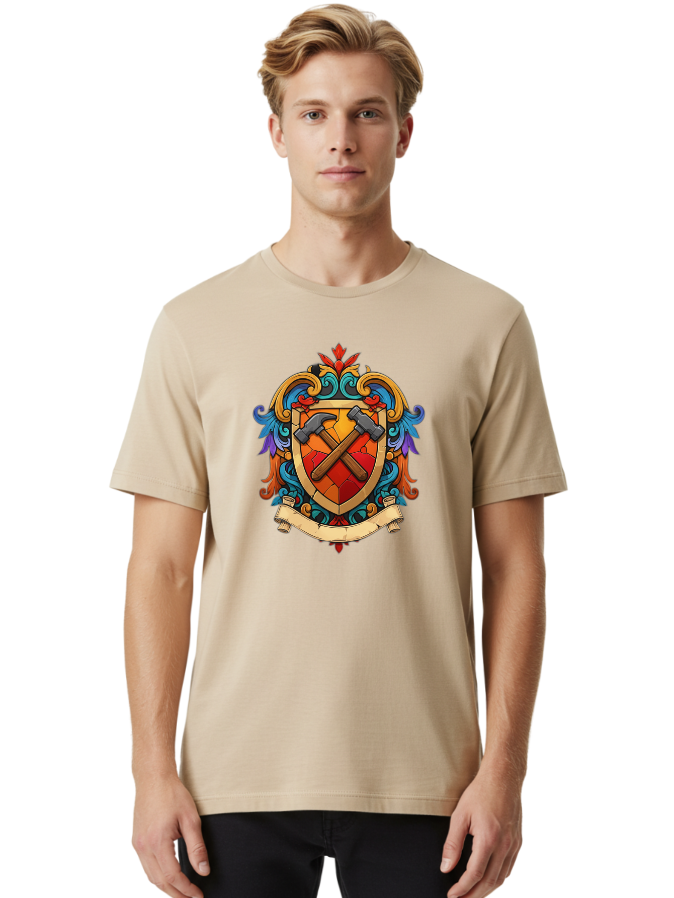 Hammer-Shield-Crest Men'S Graphic Tee, 100% Cotton, Comfortable Casual Summer Wear, Machine Washable, Crossed Hammers, Shield Crest, Ornate Design, Vintage Style, Carpentry Tools, Craftsmanship, Decorative Emblem, Symbolic Logo, Bad181