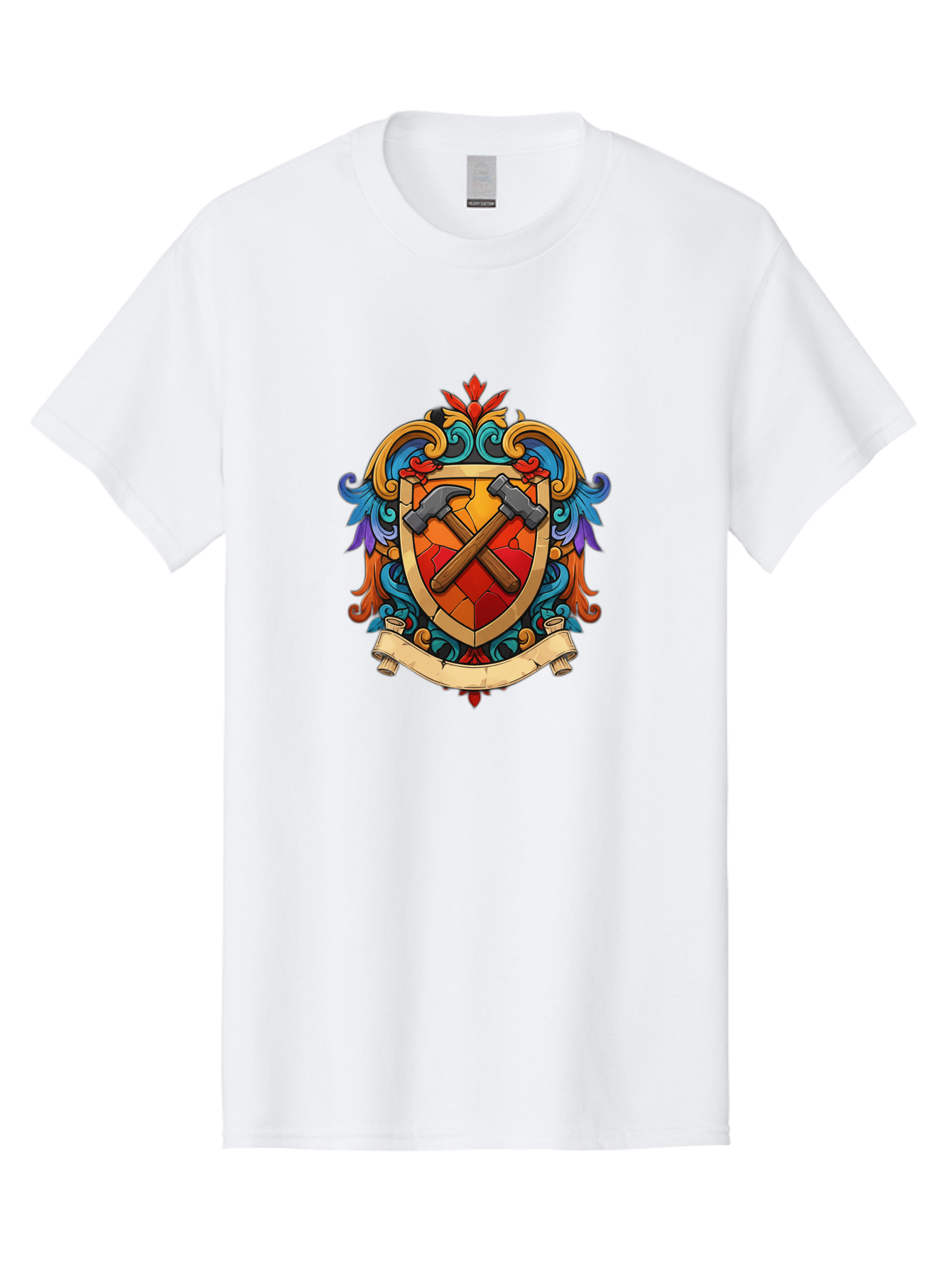 Hammer-Shield-Crest Men'S Graphic Tee, 100% Cotton, Comfortable Casual Summer Wear, Machine Washable, Crossed Hammers, Shield Crest, Ornate Design, Vintage Style, Carpentry Tools, Craftsmanship, Decorative Emblem, Symbolic Logo, Bad181