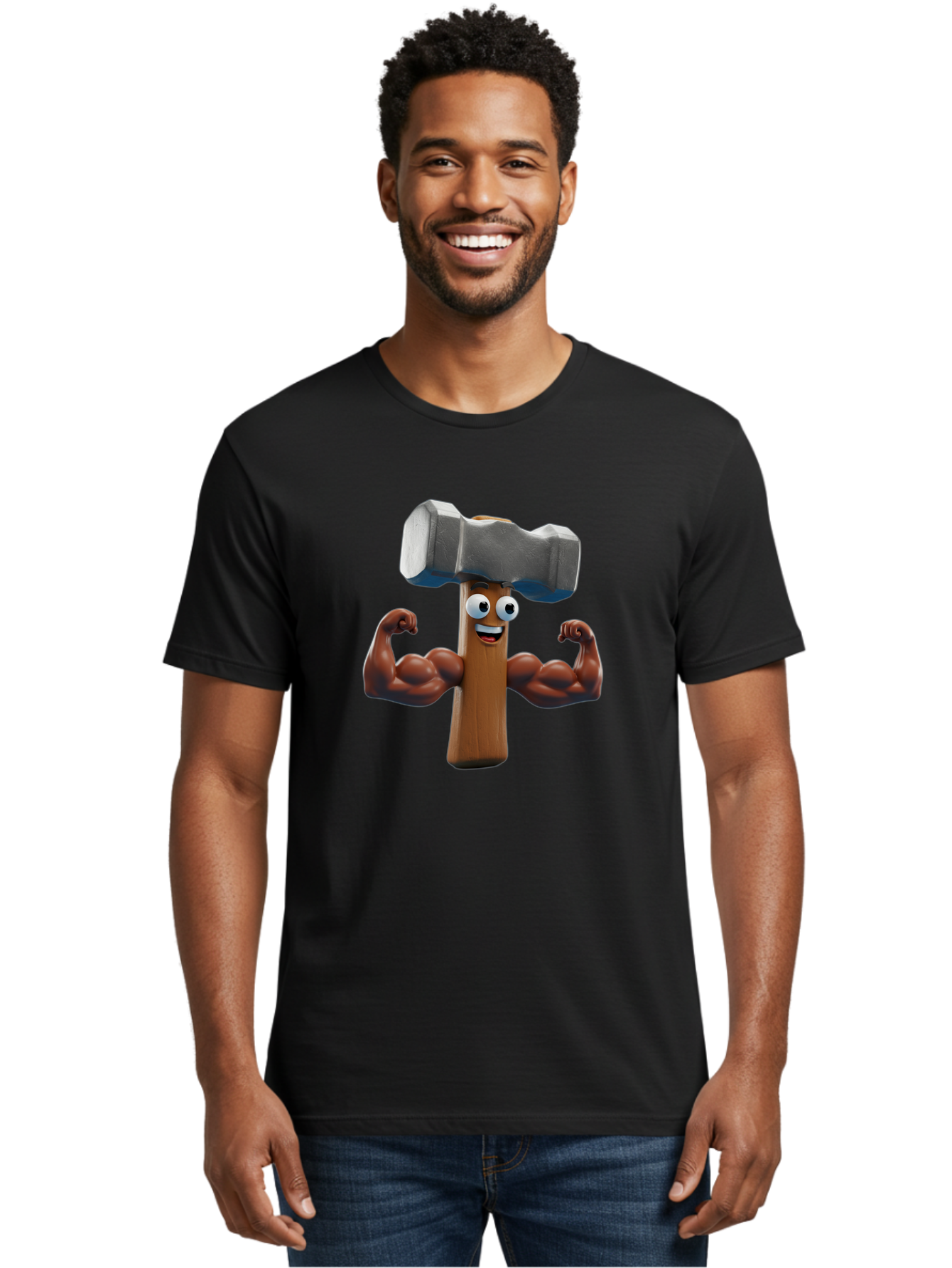 Hammer Men'S Graphic Tee, 100% Cotton, Comfortable Casual Summer Wear, Machine Washable, Cartoon Nail, Muscular Arms, Flexing Biceps, Funny Character, Hammer On Head, Playful Humor, Comical Pose, Anthropomorphic Object, Whimsical Design Bad182