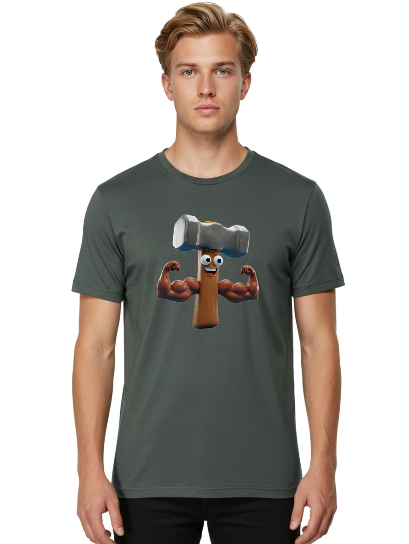 Hammer Men'S Graphic Tee, 100% Cotton, Comfortable Casual Summer Wear, Machine Washable, Cartoon Nail, Muscular Arms, Flexing Biceps, Funny Character, Hammer On Head, Playful Humor, Comical Pose, Anthropomorphic Object, Whimsical Design Bad182