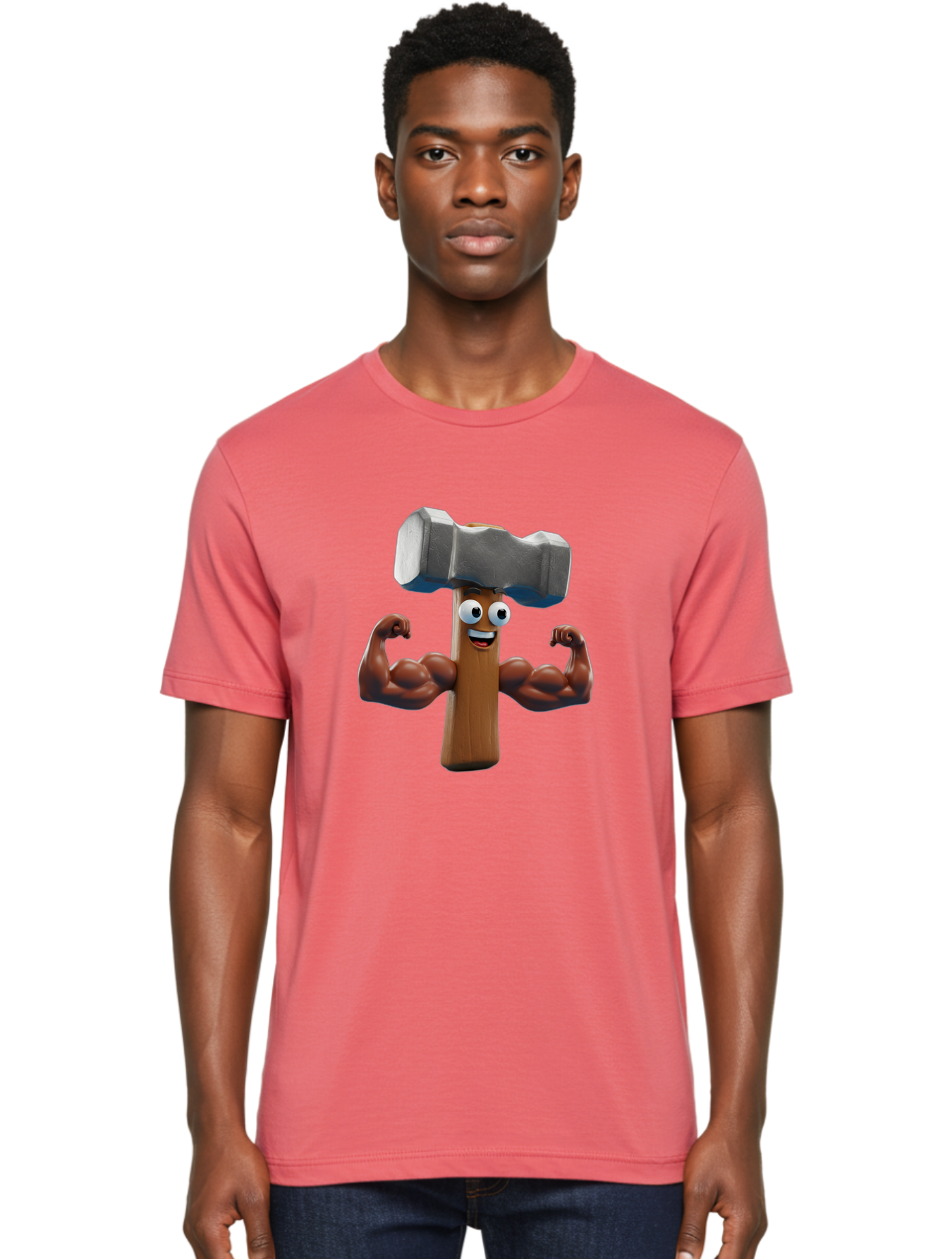Hammer Men'S Graphic Tee, 100% Cotton, Comfortable Casual Summer Wear, Machine Washable, Cartoon Nail, Muscular Arms, Flexing Biceps, Funny Character, Hammer On Head, Playful Humor, Comical Pose, Anthropomorphic Object, Whimsical Design Bad182