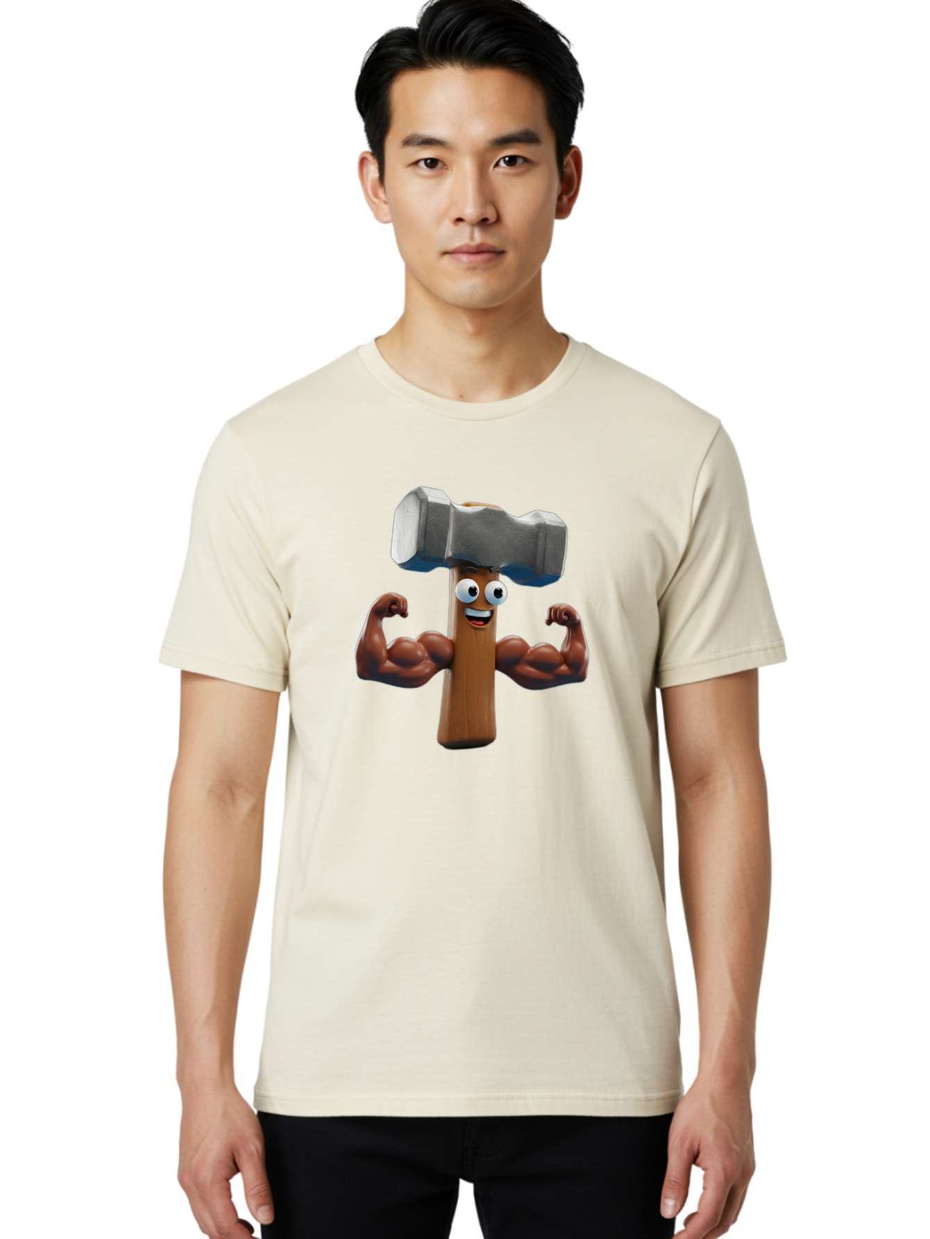 Hammer Men'S Graphic Tee, 100% Cotton, Comfortable Casual Summer Wear, Machine Washable, Cartoon Nail, Muscular Arms, Flexing Biceps, Funny Character, Hammer On Head, Playful Humor, Comical Pose, Anthropomorphic Object, Whimsical Design Bad182