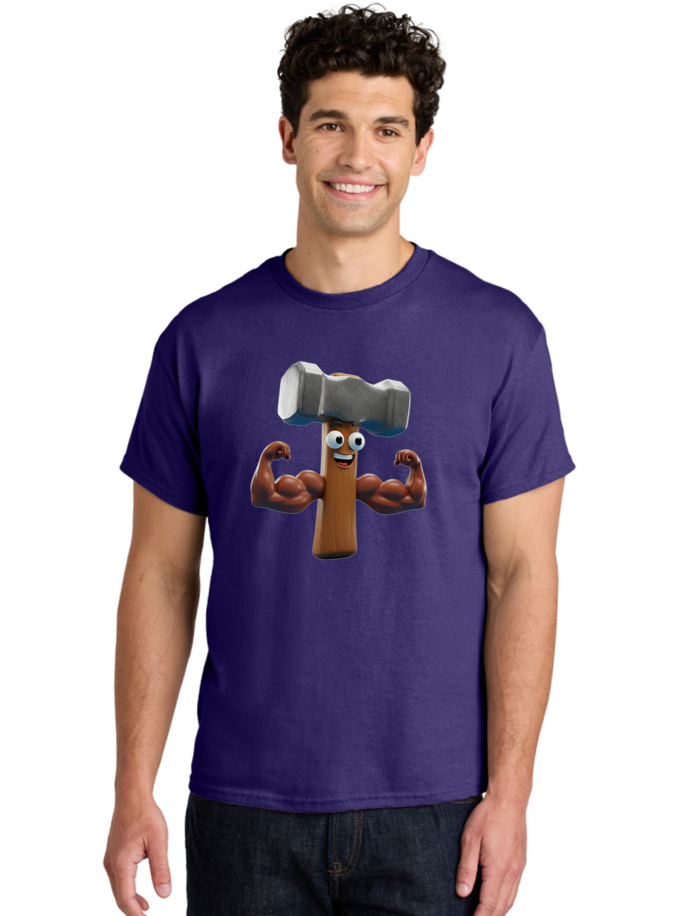 Hammer Men'S Graphic Tee, 100% Cotton, Comfortable Casual Summer Wear, Machine Washable, Cartoon Nail, Muscular Arms, Flexing Biceps, Funny Character, Hammer On Head, Playful Humor, Comical Pose, Anthropomorphic Object, Whimsical Design Bad182