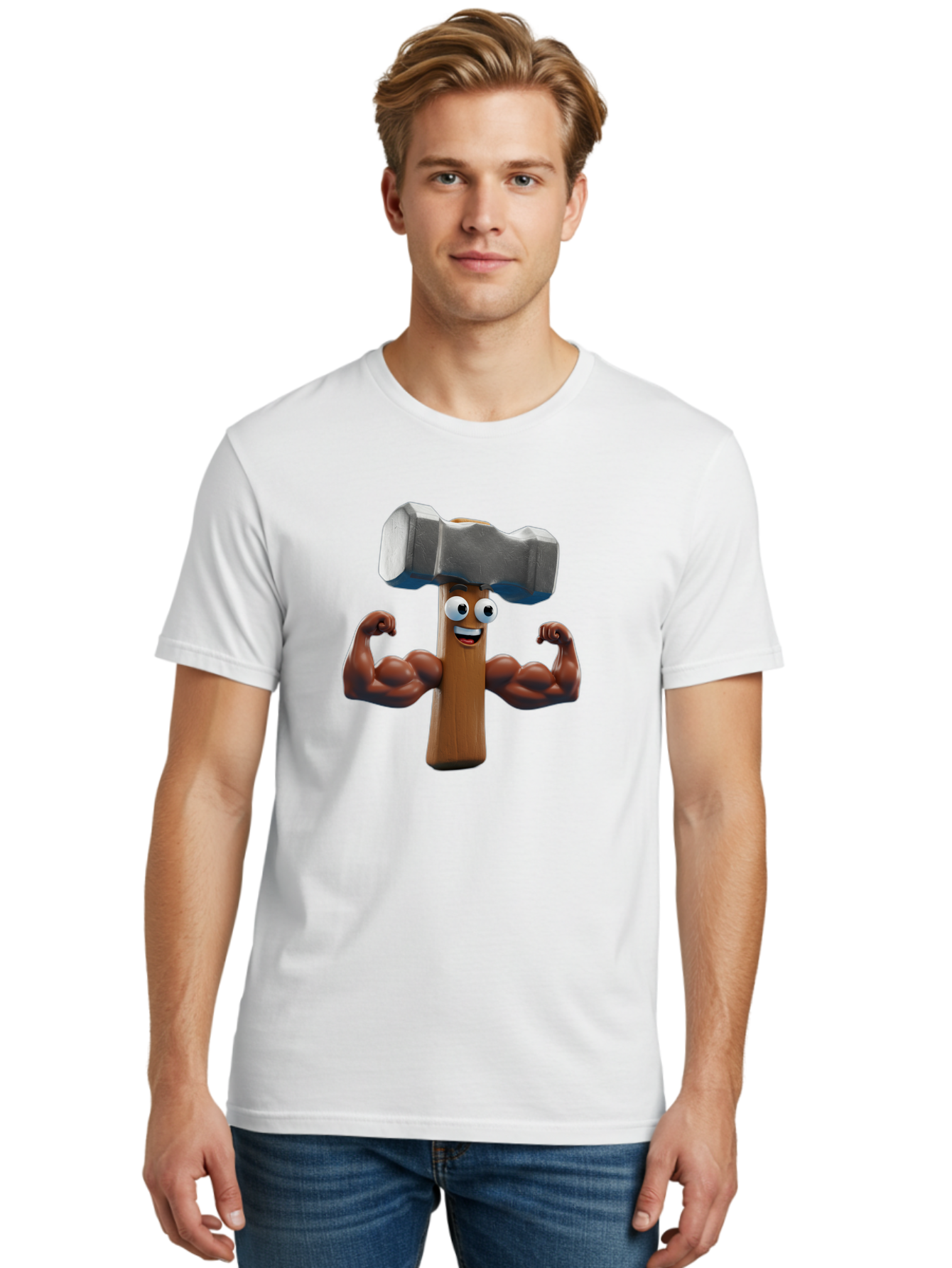 Hammer Men'S Graphic Tee, 100% Cotton, Comfortable Casual Summer Wear, Machine Washable, Cartoon Nail, Muscular Arms, Flexing Biceps, Funny Character, Hammer On Head, Playful Humor, Comical Pose, Anthropomorphic Object, Whimsical Design Bad182