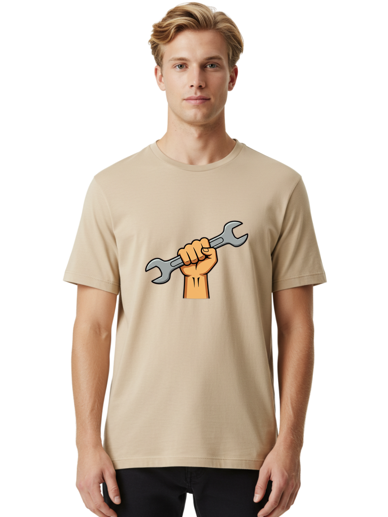 Hand-Holding-Spanner-1 Men'S Graphic Tee, 100% Cotton, Comfortable Casual Summer Wear, Machine Washable, Hand Holding Wrench, Adjustable Wrench, Hand Tool, Diy Repair, Handyman Tools, Repair Work, Maintenance Task, Mechanical Repair Bad183
