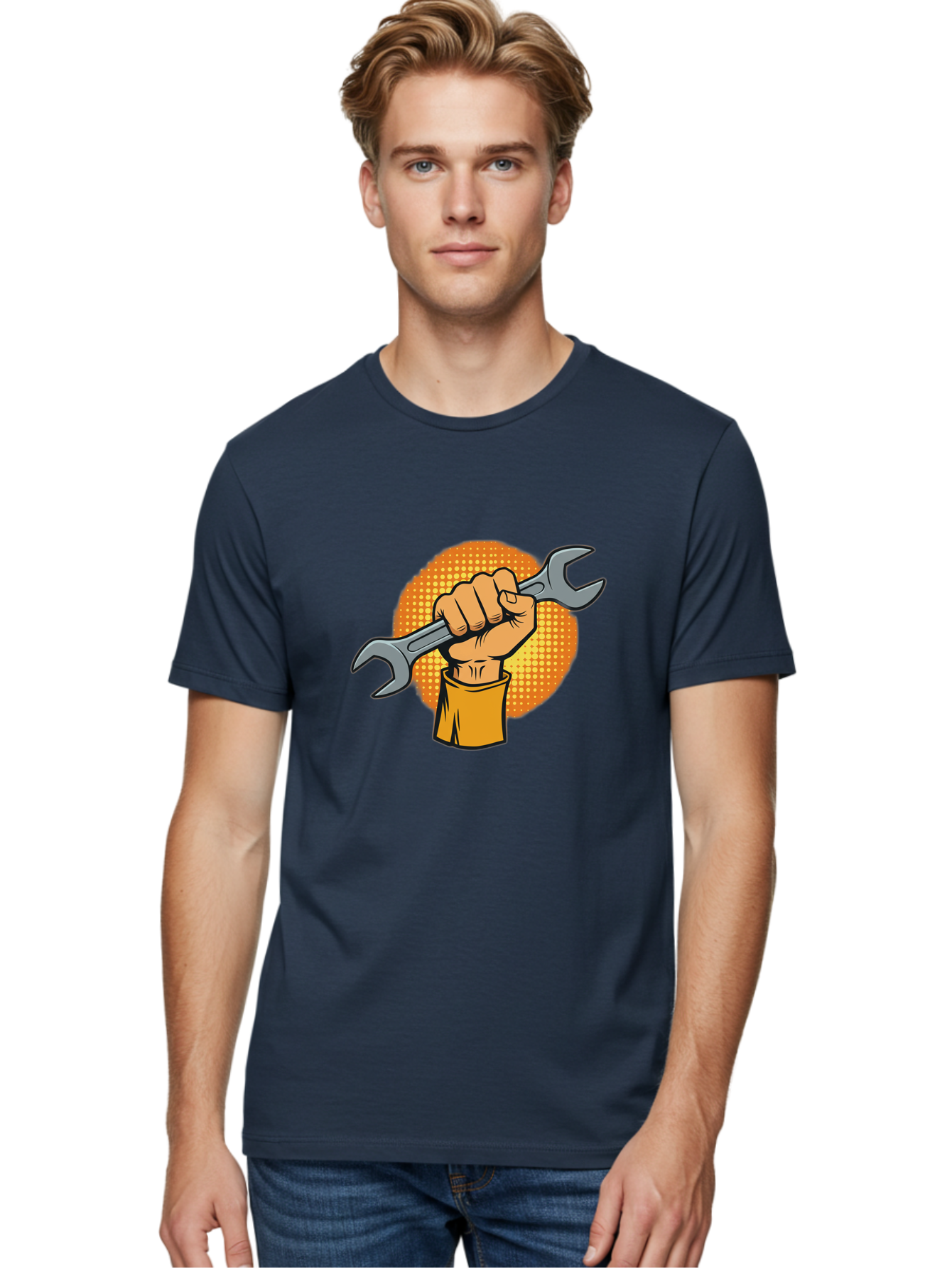 Hand-Holding-Spanner Men'S Graphic Tee, 100% Cotton, Comfortable Casual Summer Wear, Machine Washable, Hand Holding Wrench, Diy Repair, Mechanic Tools, Toolbox Essentials, Handyman Work, Repair Services, Construction Equipment, Bad184