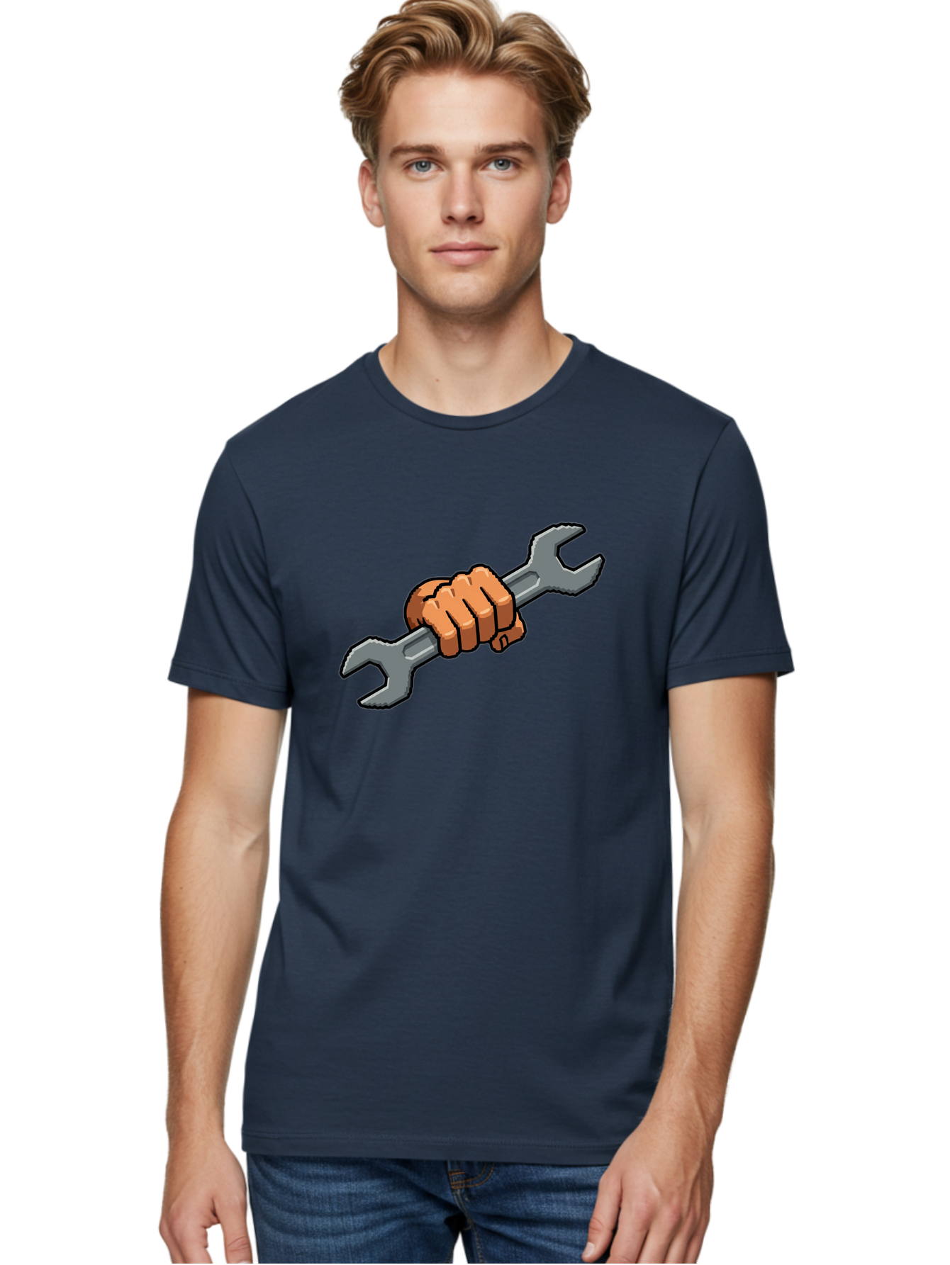 Hand-Holding-Wrench-1 Men'S Graphic Tee, 100% Cotton, Comfortable Casual Summer Wear, Machine Washable, Hand Holding Wrench, Adjustable Wrench, Repair Tool, Diy Symbol, Hand Grip, Tool Handle, Machinery Repair Bad185