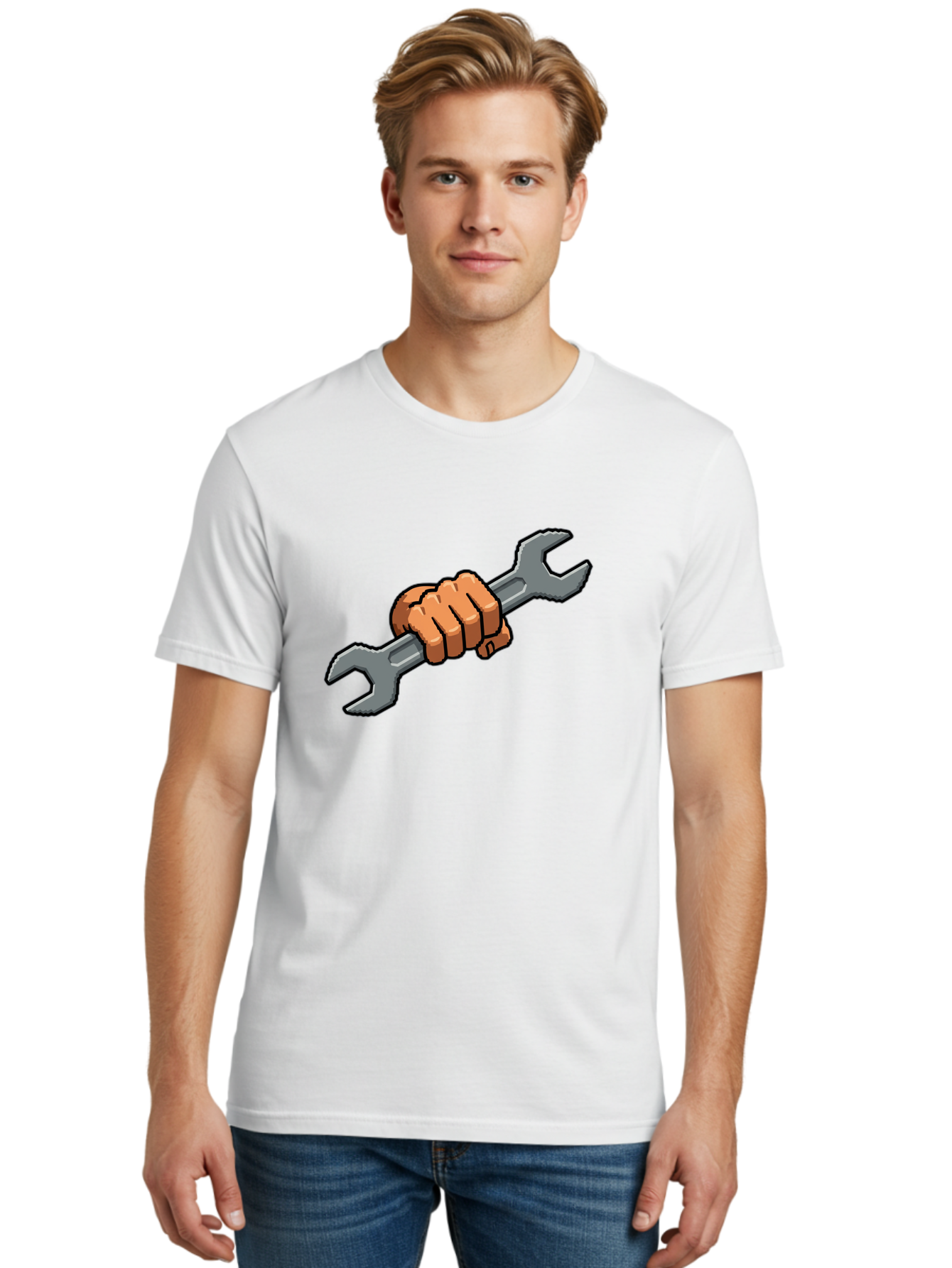 Hand-Holding-Wrench-1 Men'S Graphic Tee, 100% Cotton, Comfortable Casual Summer Wear, Machine Washable, Hand Holding Wrench, Adjustable Wrench, Repair Tool, Diy Symbol, Hand Grip, Tool Handle, Machinery Repair Bad185