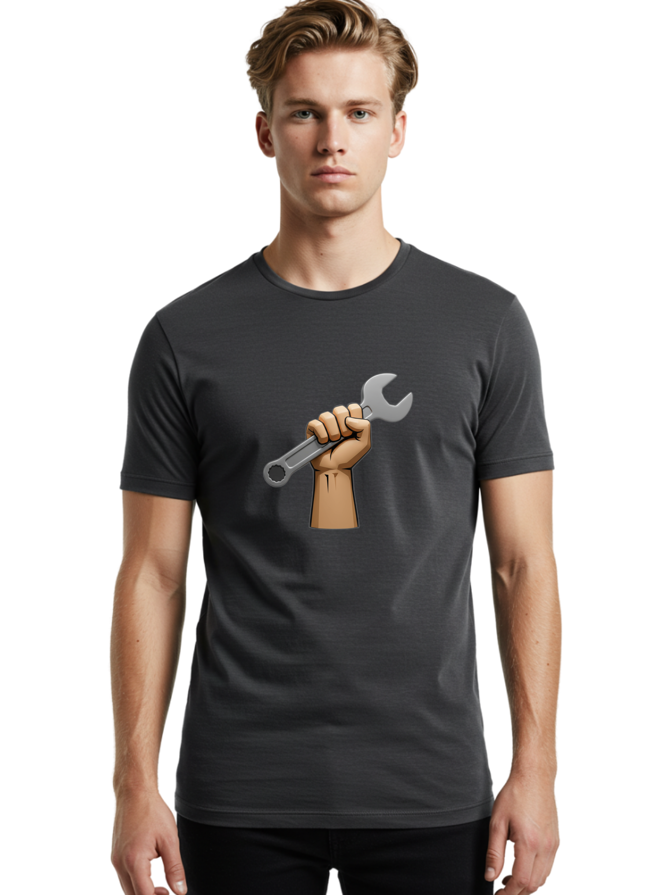 Hand-Holding-Wrench Men'S Graphic Tee, 100% Cotton, Comfortable Casual Summer Wear, Machine Washable, Cartoon Hand Holding Wrench, Hand Gripping Spanner, Adjustable Wrench, Diy Tool, Repair Equipment, Maintenance Symbol, Hand Tool Bad186