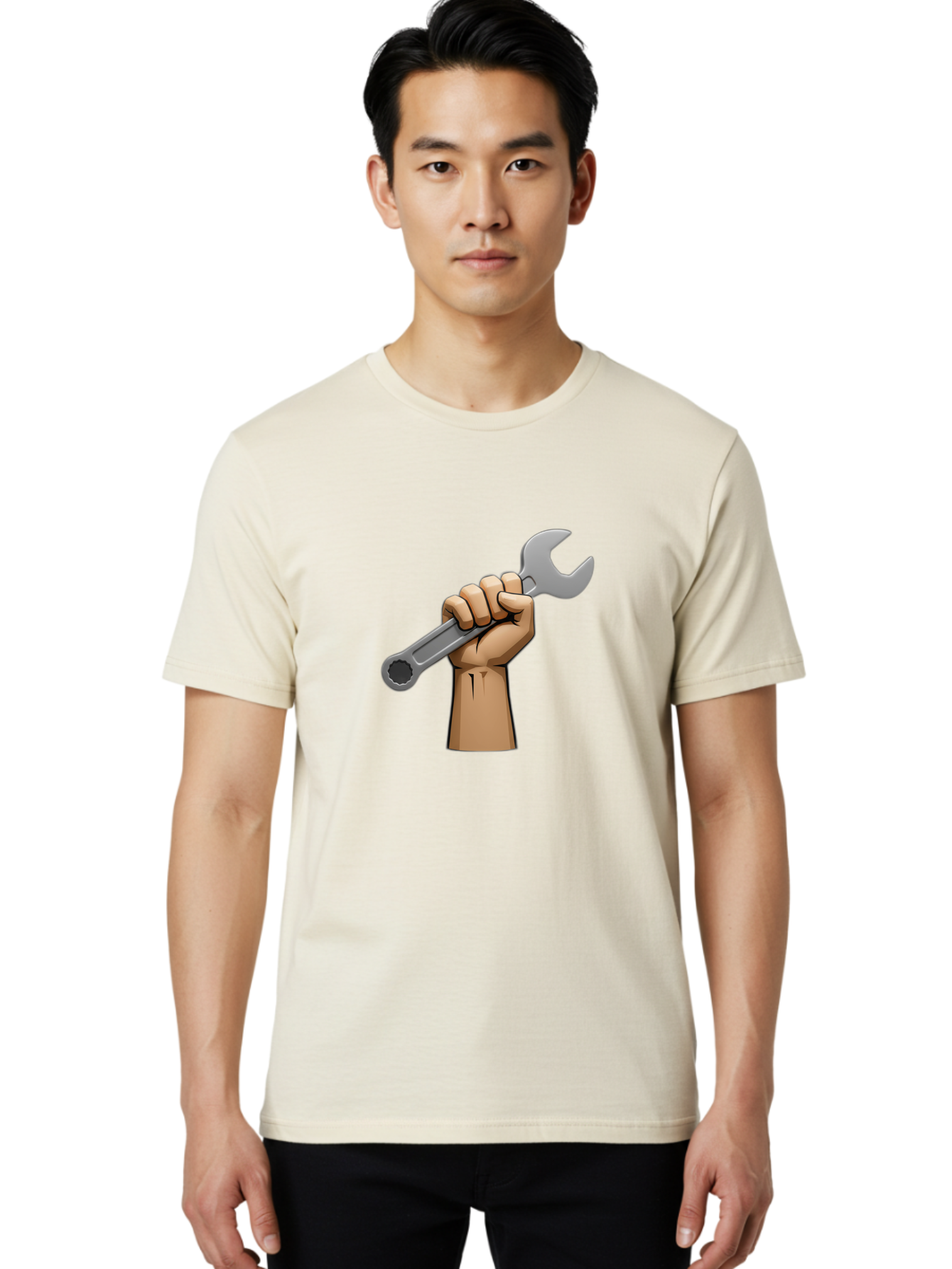 Hand-Holding-Wrench Men'S Graphic Tee, 100% Cotton, Comfortable Casual Summer Wear, Machine Washable, Cartoon Hand Holding Wrench, Hand Gripping Spanner, Adjustable Wrench, Diy Tool, Repair Equipment, Maintenance Symbol, Hand Tool Bad186