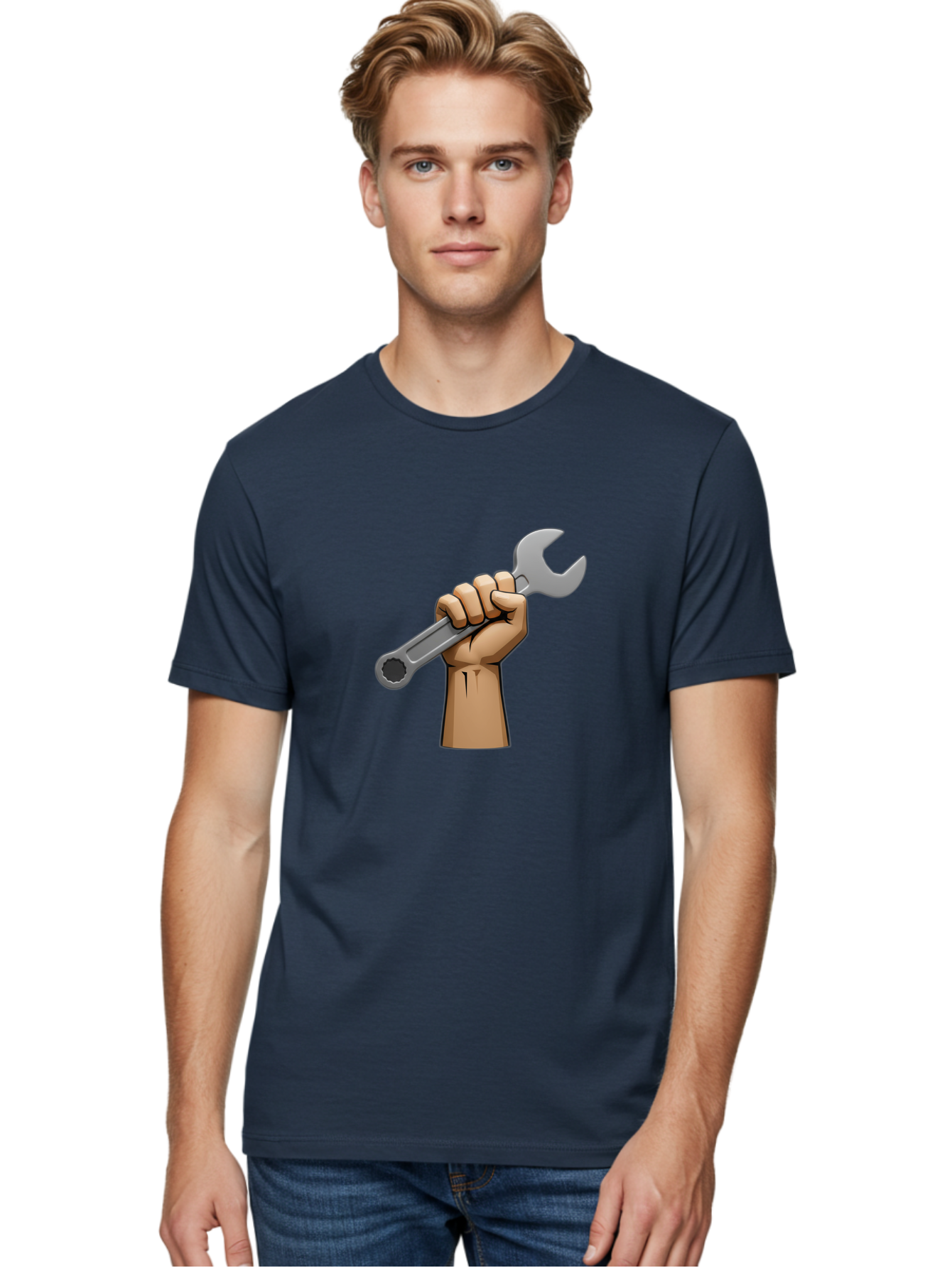 Hand-Holding-Wrench Men'S Graphic Tee, 100% Cotton, Comfortable Casual Summer Wear, Machine Washable, Cartoon Hand Holding Wrench, Hand Gripping Spanner, Adjustable Wrench, Diy Tool, Repair Equipment, Maintenance Symbol, Hand Tool Bad186