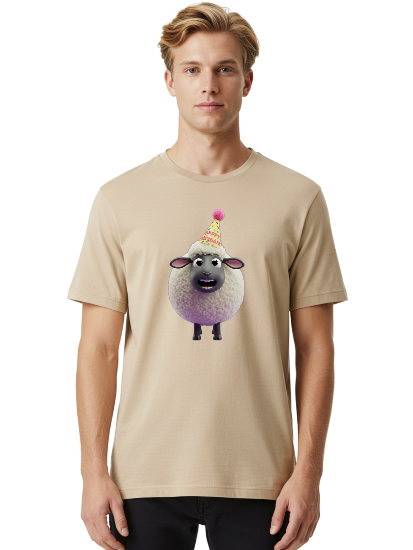 Happy-Birthday-Sheep Men'S Graphic Tee, 100% Cotton, Comfortable Casual Summer Wear, Machine Washable, Sheep In Party Hat, Happy Birthday, Cute Cartoon Character, Funny Animal, Celebration, Birthday Party, Fluffy Sheep, Cartoon Sheep, Bad189