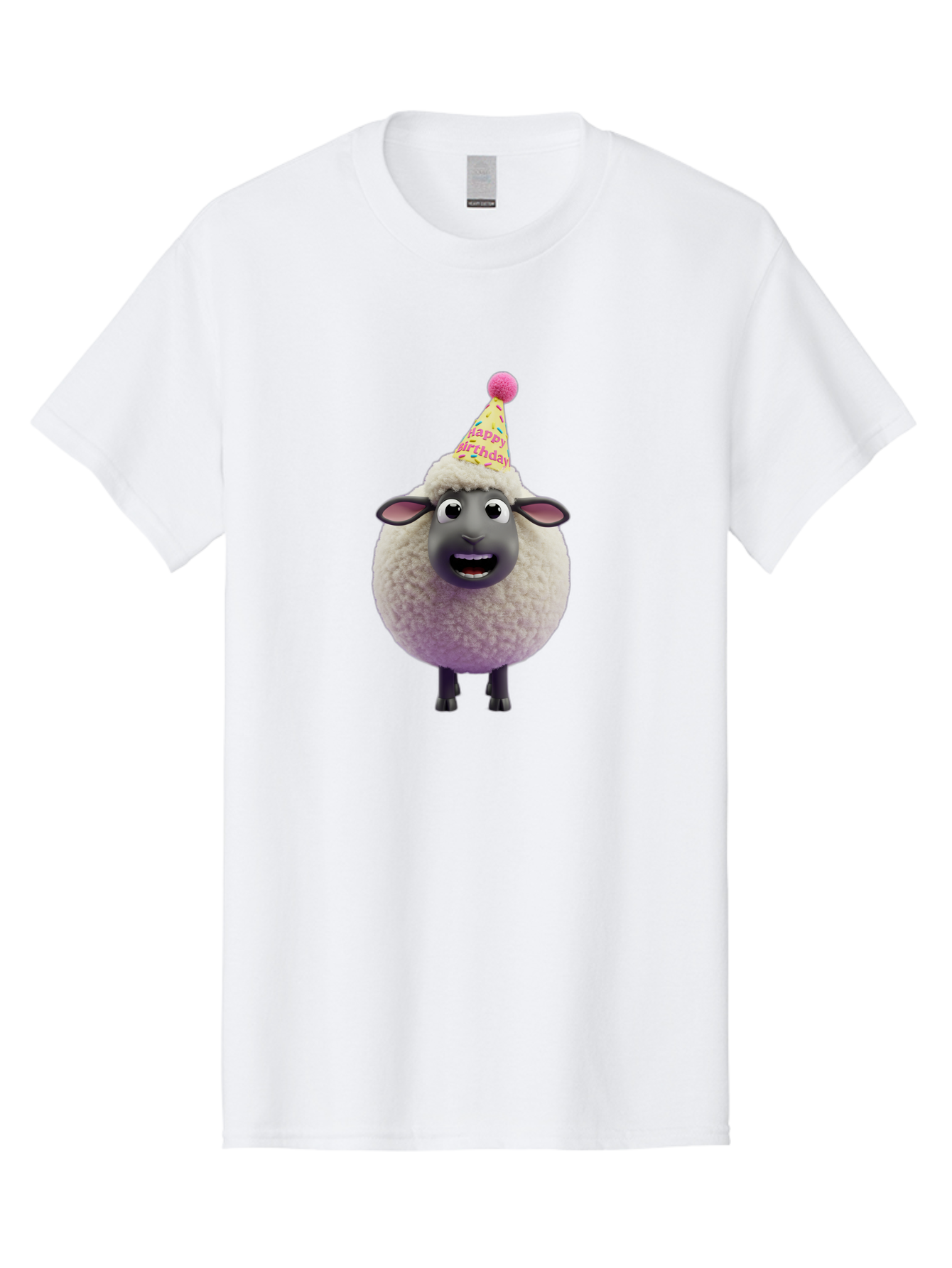 Happy-Birthday-Sheep Men'S Graphic Tee, 100% Cotton, Comfortable Casual Summer Wear, Machine Washable, Sheep In Party Hat, Happy Birthday, Cute Cartoon Character, Funny Animal, Celebration, Birthday Party, Fluffy Sheep, Cartoon Sheep, Bad189