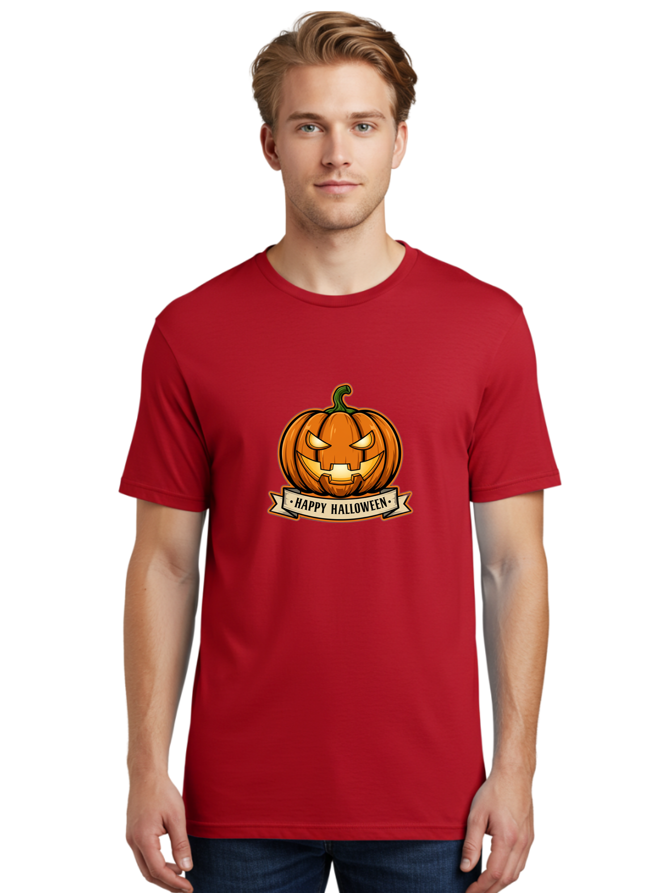 Happy-Halloween-Jack-O-Lantern Men'S Graphic Tee, 100% Cotton, Comfortable Casual Summer Wear, Machine Washable, Jack-O-Lantern, Halloween Pumpkin, Spooky Face, Orange Pumpkin, Festive Design, Happy Halloween Banner, Cartoon Illustration, Bad191