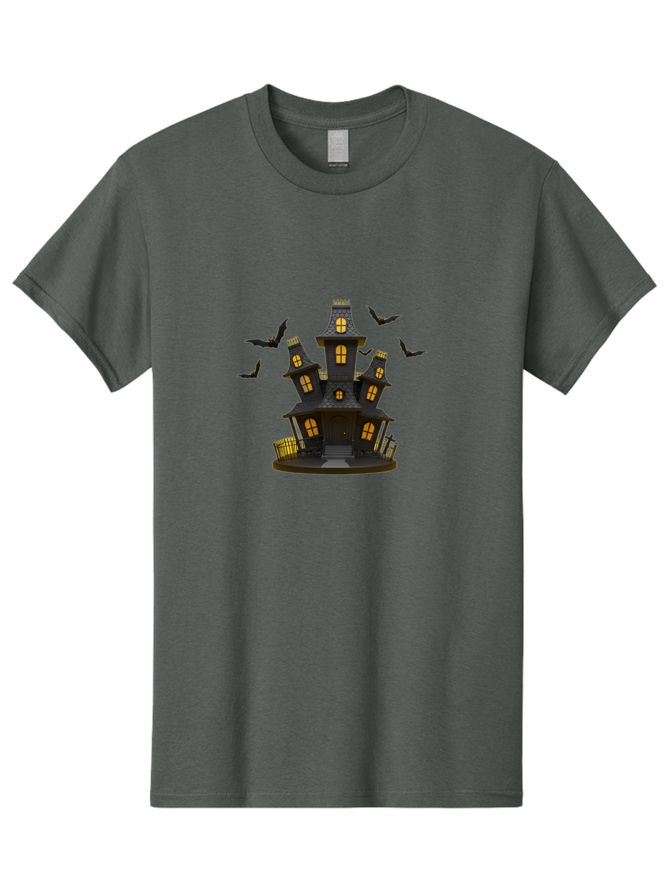 Haunted-Mansion Men'S Graphic Tee, 100% Cotton, Comfortable Casual Summer Wear, Machine Washable, Haunted House, Spooky Mansion, Halloween Decorations, Dark Brown House, Yellow Windows, Ghostly Bats, Eerie Atmosphere, Creepy Decor, Bad193