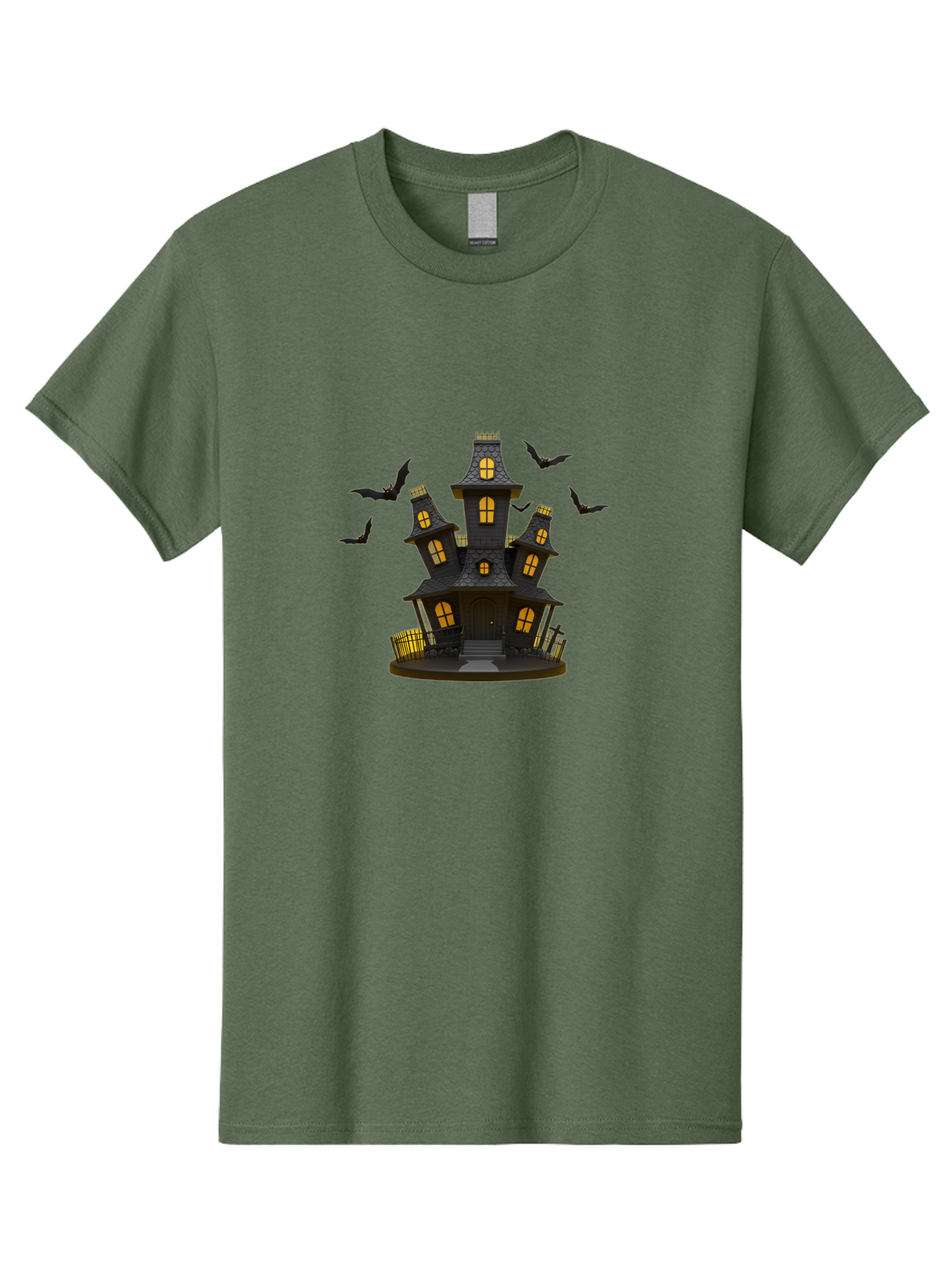 Haunted-Mansion Men'S Graphic Tee, 100% Cotton, Comfortable Casual Summer Wear, Machine Washable, Haunted House, Spooky Mansion, Halloween Decorations, Dark Brown House, Yellow Windows, Ghostly Bats, Eerie Atmosphere, Creepy Decor, Bad193