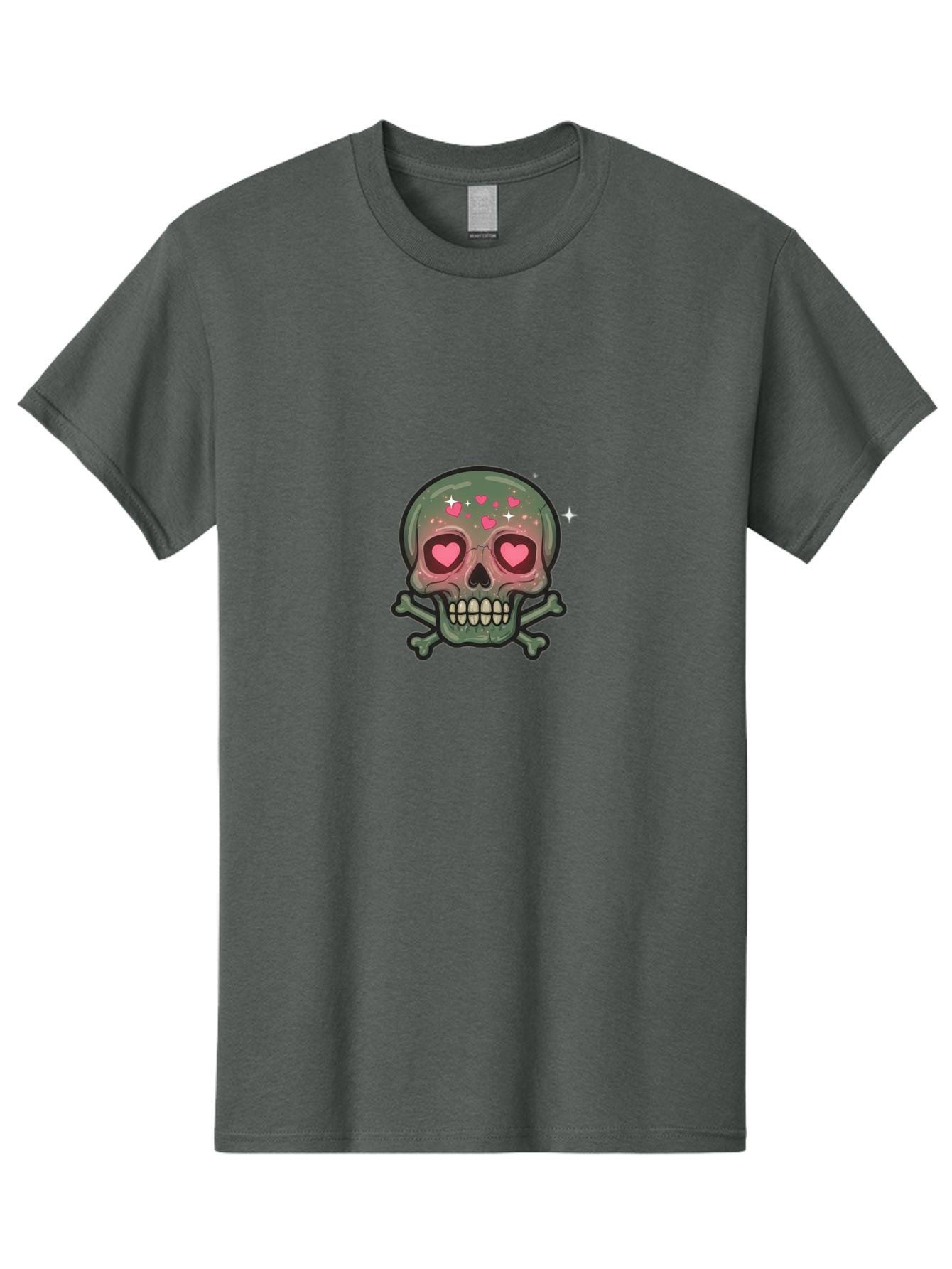 Heart-Eyes-Skull Men'S Graphic Tee, 100% Cotton, Comfortable Casual Summer Wear, Machine Washable, Cartoon Skull, Heart Eyes, Crossbones, Pink Hearts, Sparkles, Cute Skeleton, Quirky Design, Kawaii Art, Goth Charm, Edgy Aesthetic Bad194