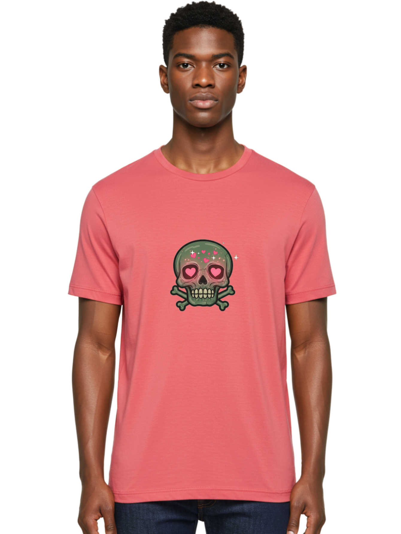 Heart-Eyes-Skull Men'S Graphic Tee, 100% Cotton, Comfortable Casual Summer Wear, Machine Washable, Cartoon Skull, Heart Eyes, Crossbones, Pink Hearts, Sparkles, Cute Skeleton, Quirky Design, Kawaii Art, Goth Charm, Edgy Aesthetic Bad194