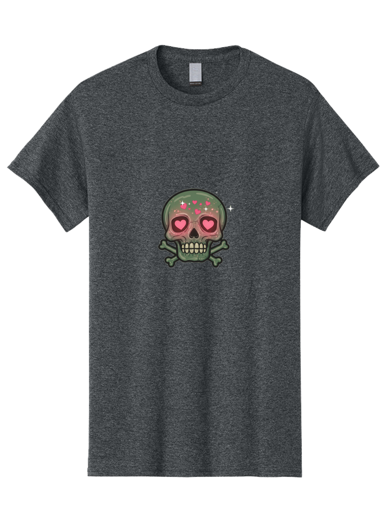 Heart-Eyes-Skull Men'S Graphic Tee, 100% Cotton, Comfortable Casual Summer Wear, Machine Washable, Cartoon Skull, Heart Eyes, Crossbones, Pink Hearts, Sparkles, Cute Skeleton, Quirky Design, Kawaii Art, Goth Charm, Edgy Aesthetic Bad194
