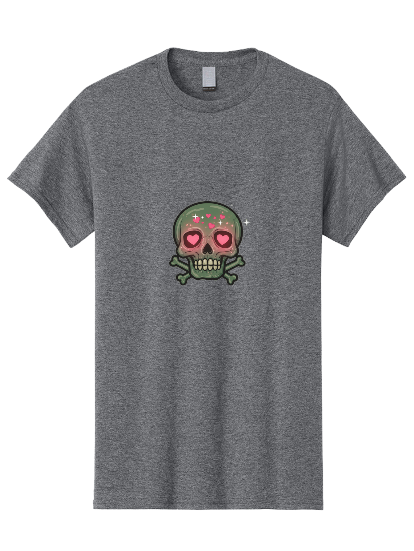Heart-Eyes-Skull Men'S Graphic Tee, 100% Cotton, Comfortable Casual Summer Wear, Machine Washable, Cartoon Skull, Heart Eyes, Crossbones, Pink Hearts, Sparkles, Cute Skeleton, Quirky Design, Kawaii Art, Goth Charm, Edgy Aesthetic Bad194