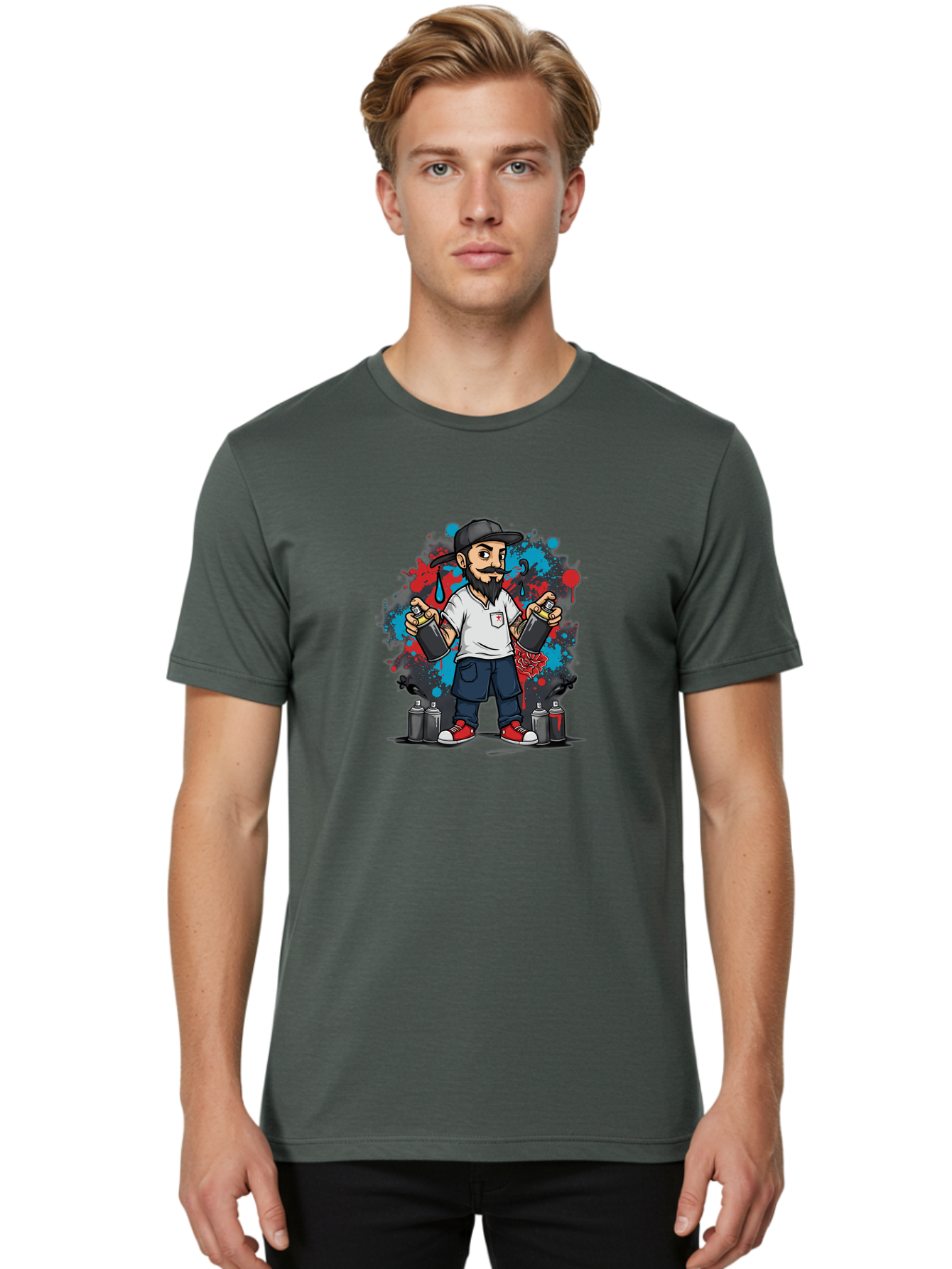Hip-Hop-Bearded-Man Men'S Graphic Tee, 100% Cotton, Comfortable Casual Summer Wear, Machine Washable, Street Art, Graffiti Artist, Urban Culture, Spray Paint, Vibrant Colors, Bold Expression, Artistic Creativity, Tattooed Arms, Casual Wear Bad195