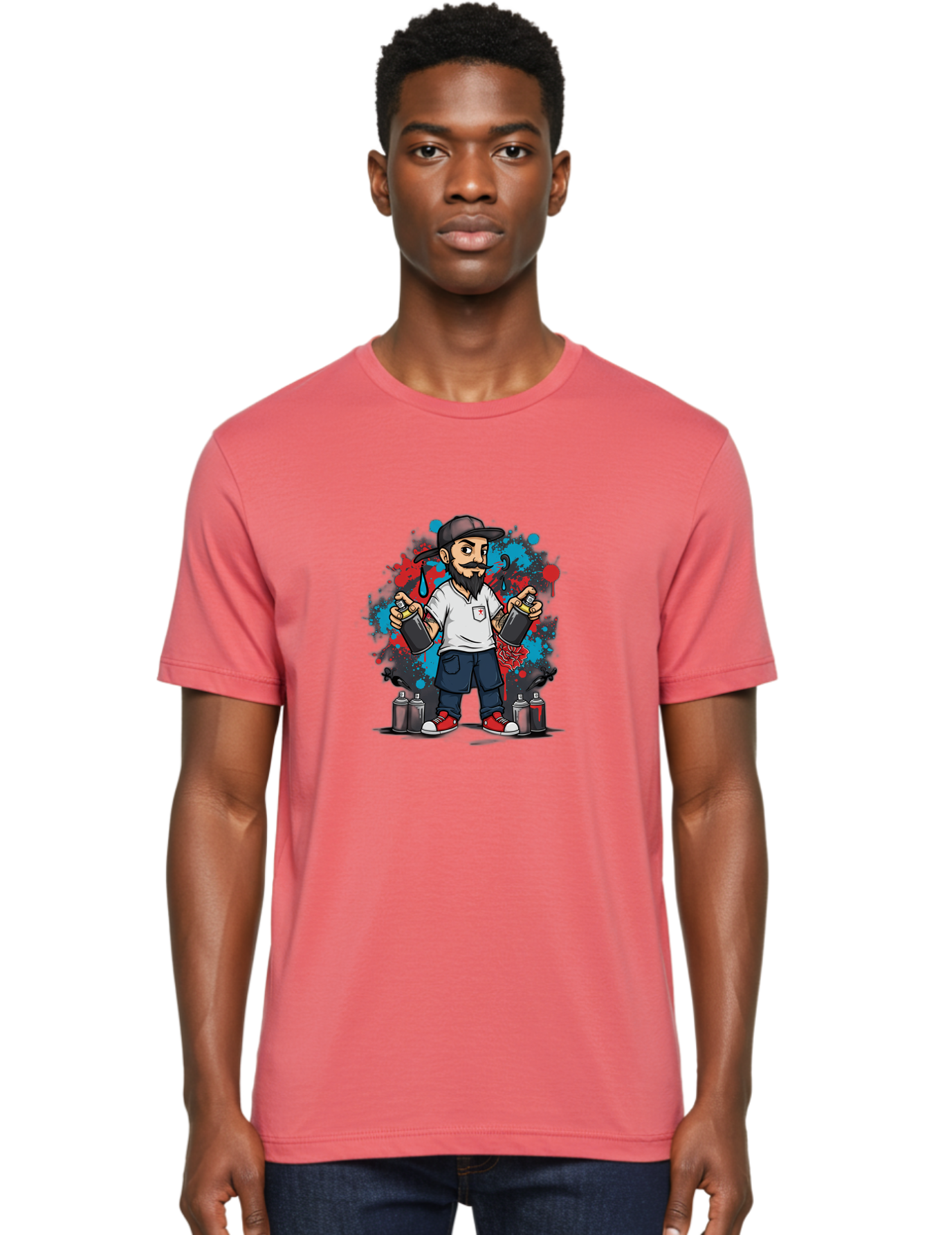 Hip-Hop-Bearded-Man Men'S Graphic Tee, 100% Cotton, Comfortable Casual Summer Wear, Machine Washable, Street Art, Graffiti Artist, Urban Culture, Spray Paint, Vibrant Colors, Bold Expression, Artistic Creativity, Tattooed Arms, Casual Wear Bad195