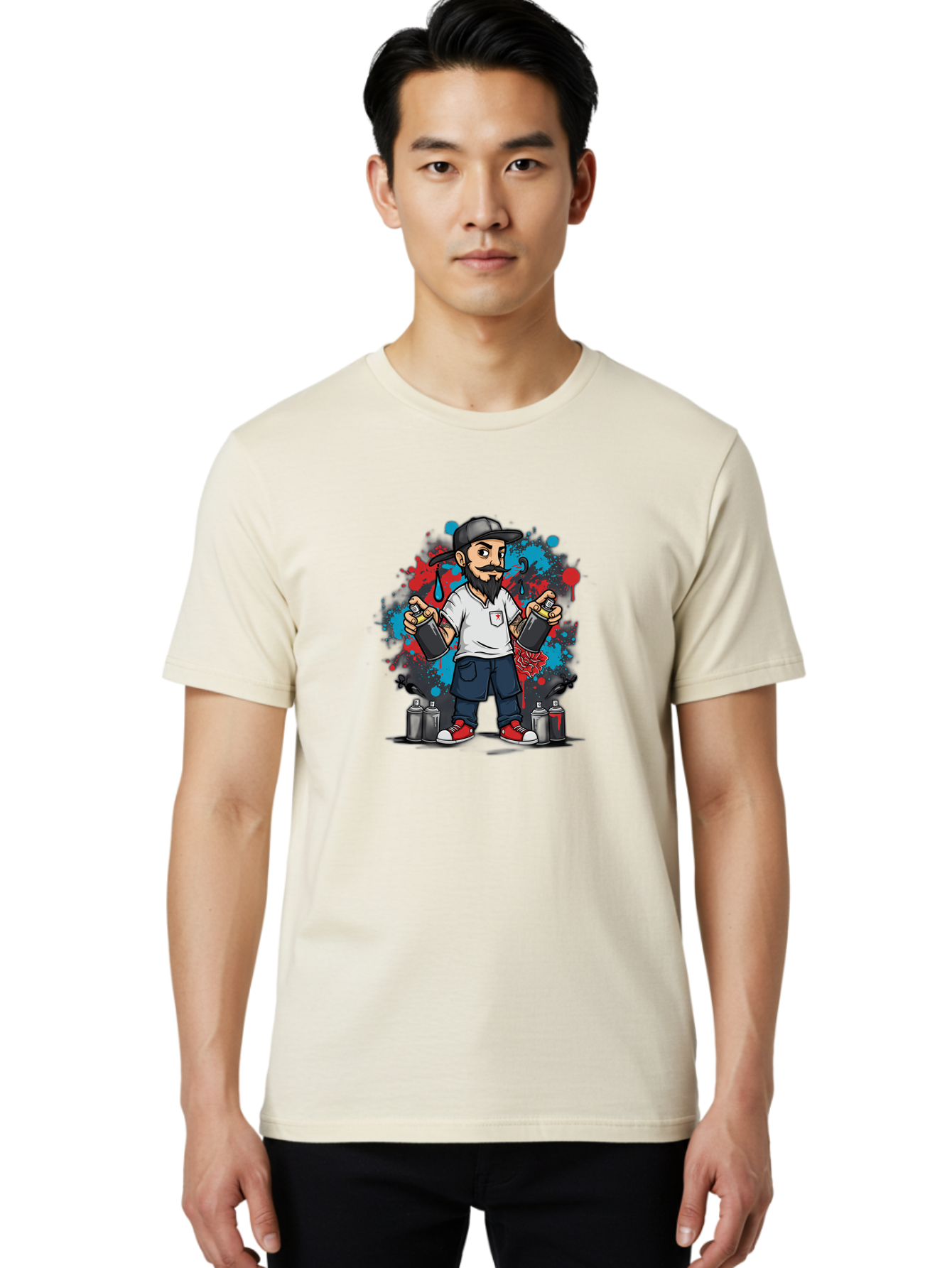 Hip-Hop-Bearded-Man Men'S Graphic Tee, 100% Cotton, Comfortable Casual Summer Wear, Machine Washable, Street Art, Graffiti Artist, Urban Culture, Spray Paint, Vibrant Colors, Bold Expression, Artistic Creativity, Tattooed Arms, Casual Wear Bad195