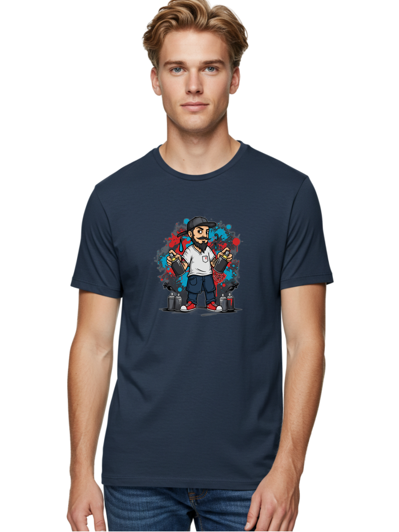 Hip-Hop-Bearded-Man Men'S Graphic Tee, 100% Cotton, Comfortable Casual Summer Wear, Machine Washable, Street Art, Graffiti Artist, Urban Culture, Spray Paint, Vibrant Colors, Bold Expression, Artistic Creativity, Tattooed Arms, Casual Wear Bad195