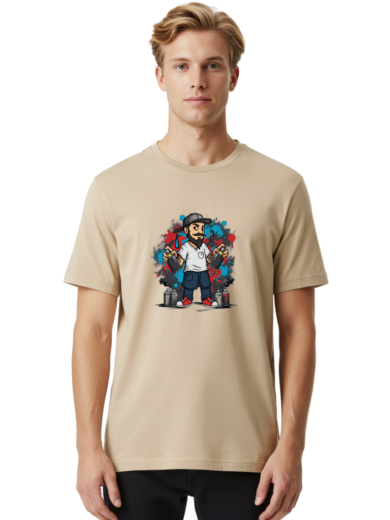 Hip-Hop-Bearded-Man Men'S Graphic Tee, 100% Cotton, Comfortable Casual Summer Wear, Machine Washable, Street Art, Graffiti Artist, Urban Culture, Spray Paint, Vibrant Colors, Bold Expression, Artistic Creativity, Tattooed Arms, Casual Wear Bad195