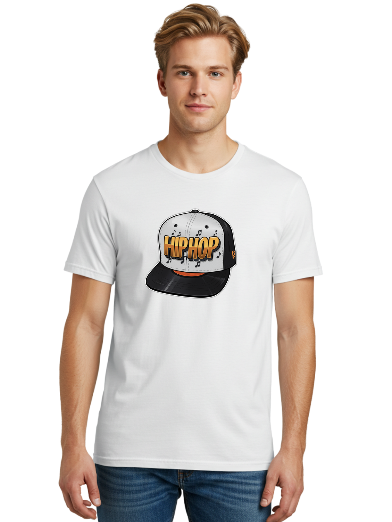 Hip-Hop Men'S Graphic Tee, 100% Cotton, Comfortable Casual Summer Wear, Machine Washable, Hip Hop Hat, Snapback Cap, Streetwear Fashion, Musical Notes, Bold Graphics, Urban Style, Trendy Accessories, Rap Culture, Stylish Headwear, Bad197