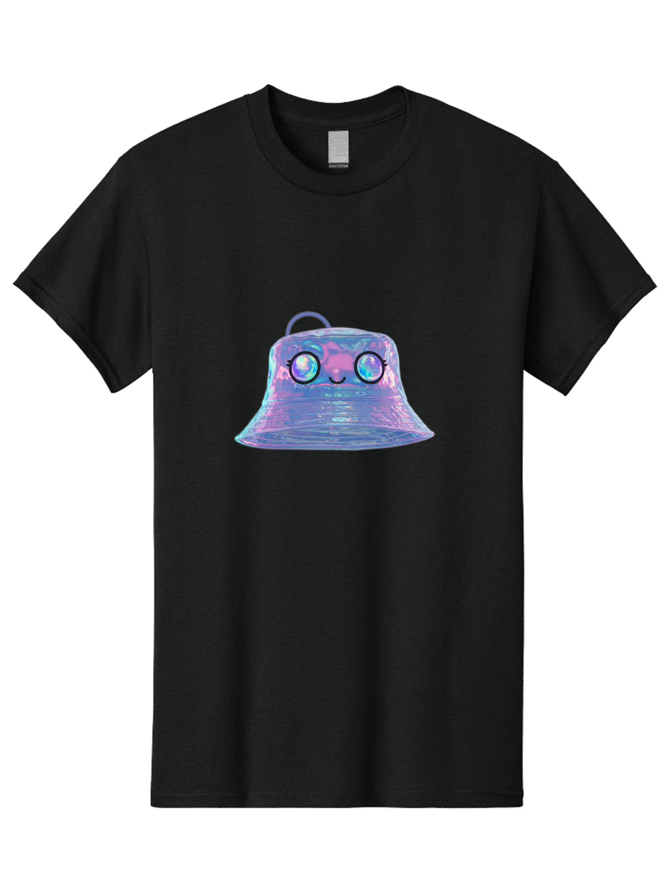 Holographic-Bell Men'S Graphic Tee, 100% Cotton, Comfortable Casual Summer Wear, Machine Washable, Iridescent Bell, Holographic Sheen, Kawaii Character, Cartoon-Style Eyes, Happy Face, Shiny Appearance, Purple And Blue Hues, Bad198