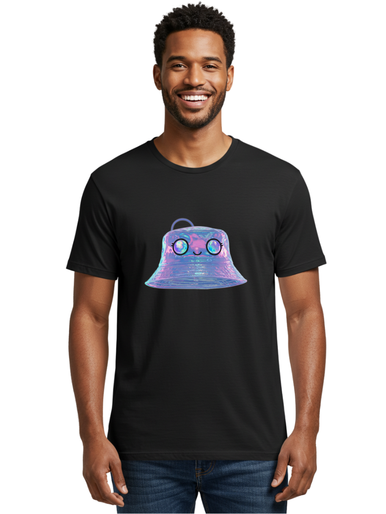 Holographic-Bell Men'S Graphic Tee, 100% Cotton, Comfortable Casual Summer Wear, Machine Washable, Iridescent Bell, Holographic Sheen, Kawaii Character, Cartoon-Style Eyes, Happy Face, Shiny Appearance, Purple And Blue Hues, Bad198