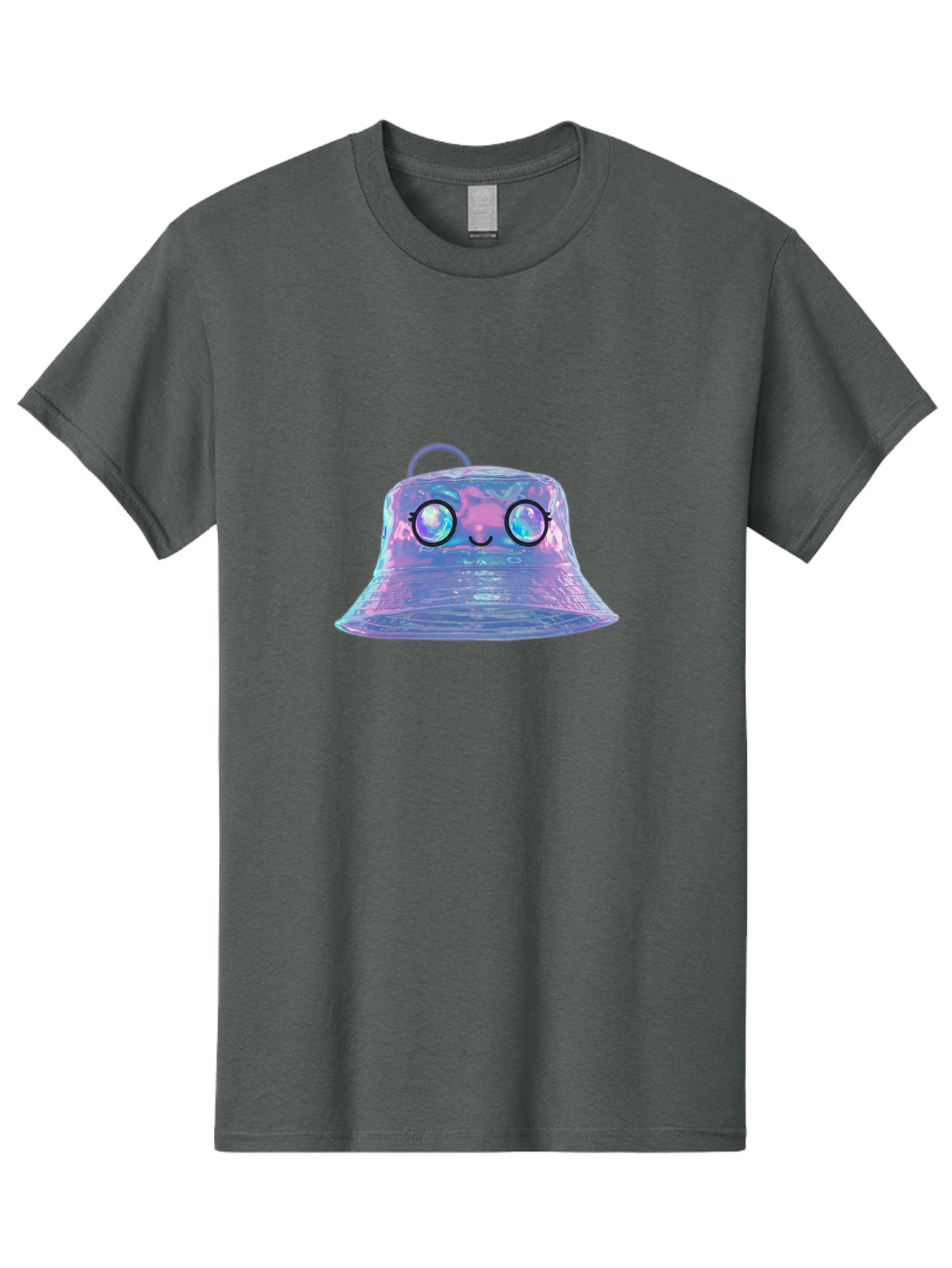 Holographic-Bell Men'S Graphic Tee, 100% Cotton, Comfortable Casual Summer Wear, Machine Washable, Iridescent Bell, Holographic Sheen, Kawaii Character, Cartoon-Style Eyes, Happy Face, Shiny Appearance, Purple And Blue Hues, Bad198