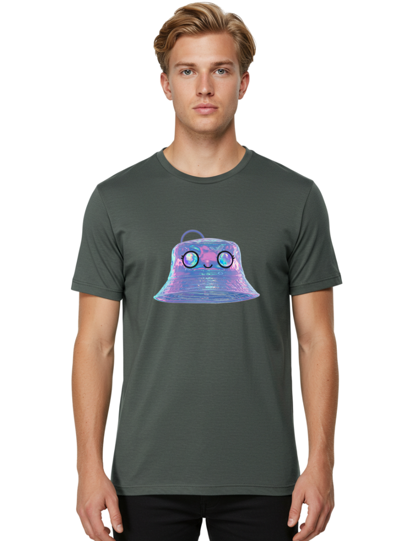Holographic-Bell Men'S Graphic Tee, 100% Cotton, Comfortable Casual Summer Wear, Machine Washable, Iridescent Bell, Holographic Sheen, Kawaii Character, Cartoon-Style Eyes, Happy Face, Shiny Appearance, Purple And Blue Hues, Bad198