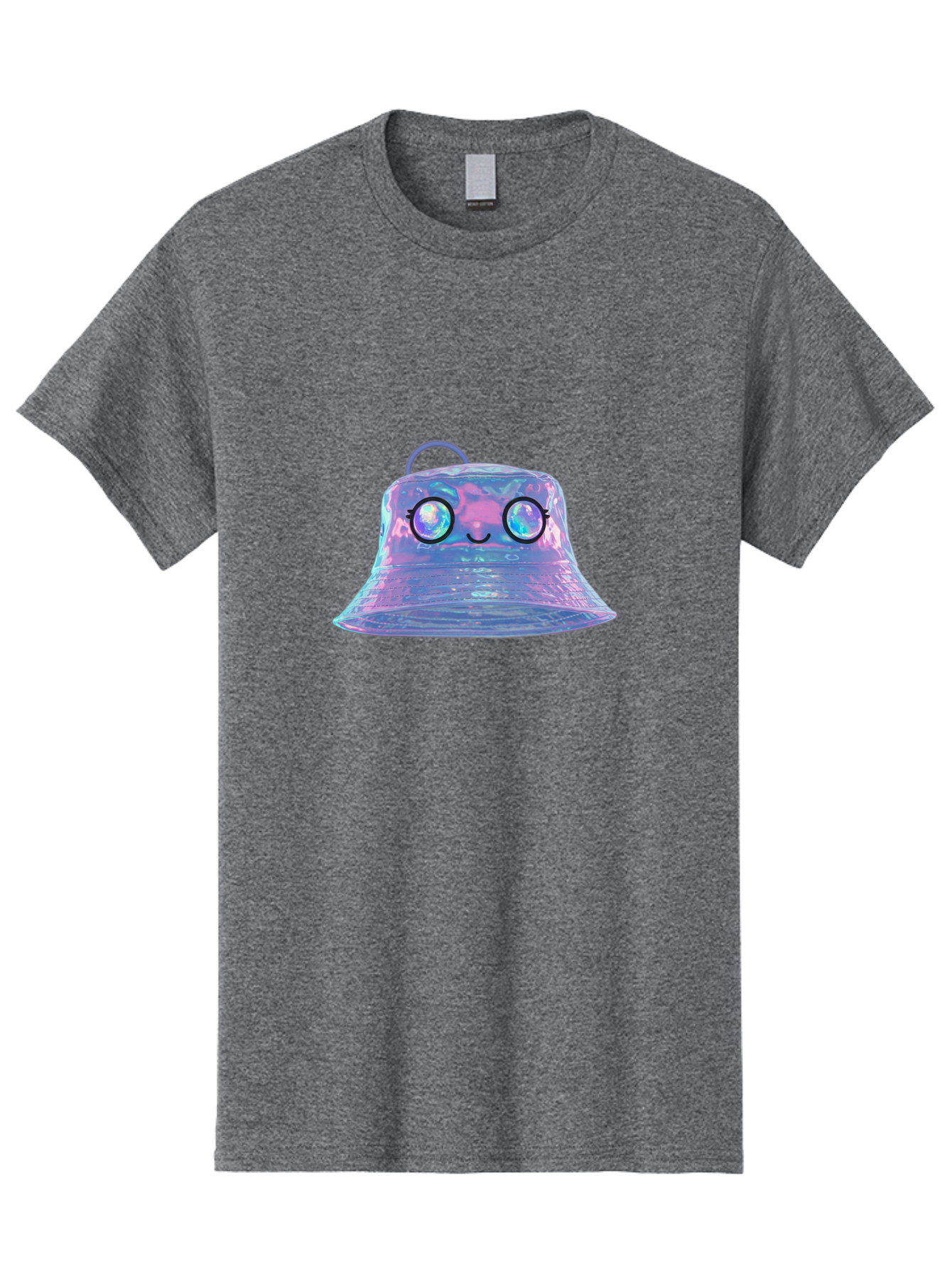 Holographic-Bell Men'S Graphic Tee, 100% Cotton, Comfortable Casual Summer Wear, Machine Washable, Iridescent Bell, Holographic Sheen, Kawaii Character, Cartoon-Style Eyes, Happy Face, Shiny Appearance, Purple And Blue Hues, Bad198
