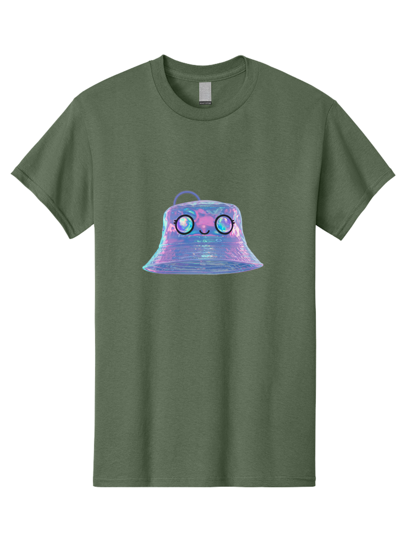 Holographic-Bell Men'S Graphic Tee, 100% Cotton, Comfortable Casual Summer Wear, Machine Washable, Iridescent Bell, Holographic Sheen, Kawaii Character, Cartoon-Style Eyes, Happy Face, Shiny Appearance, Purple And Blue Hues, Bad198